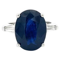 Vintage Three Stone Oval Sapphire 8.35CT & Baguette Diamond 0.70CT Ring 18K White Gold