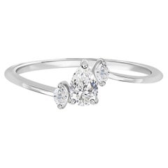 Three Stone Pear Cut Center Diamond Ring 18k Fine White Gold Jewelry