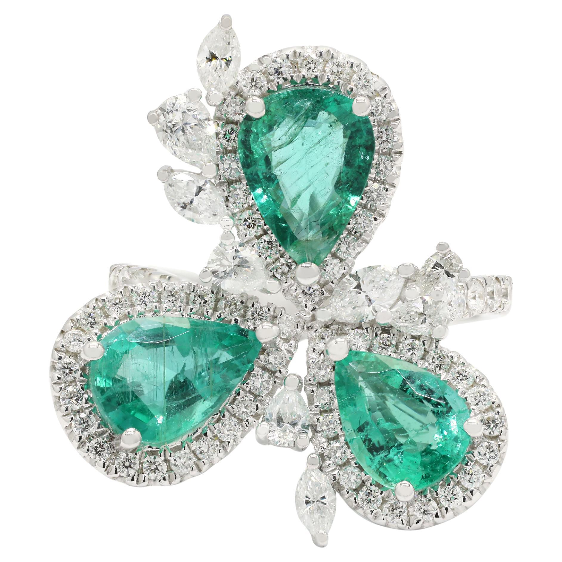 Three Stone Pear Cut Emerald and Diamond Ring in 14K White Gold 