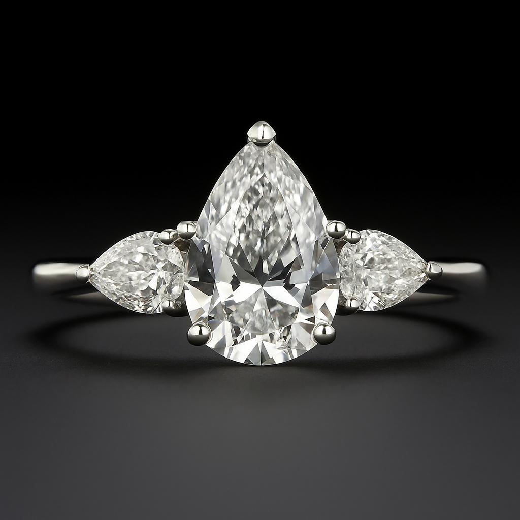 This exquisite three-stone engagement ring showcases timeless elegance with a modern twist. At its heart is a dazzling 1.5 carat pear-shaped diamond, GIA certified and gracefully set in lustrous 14k white gold. Flanked by two perfectly proportioned