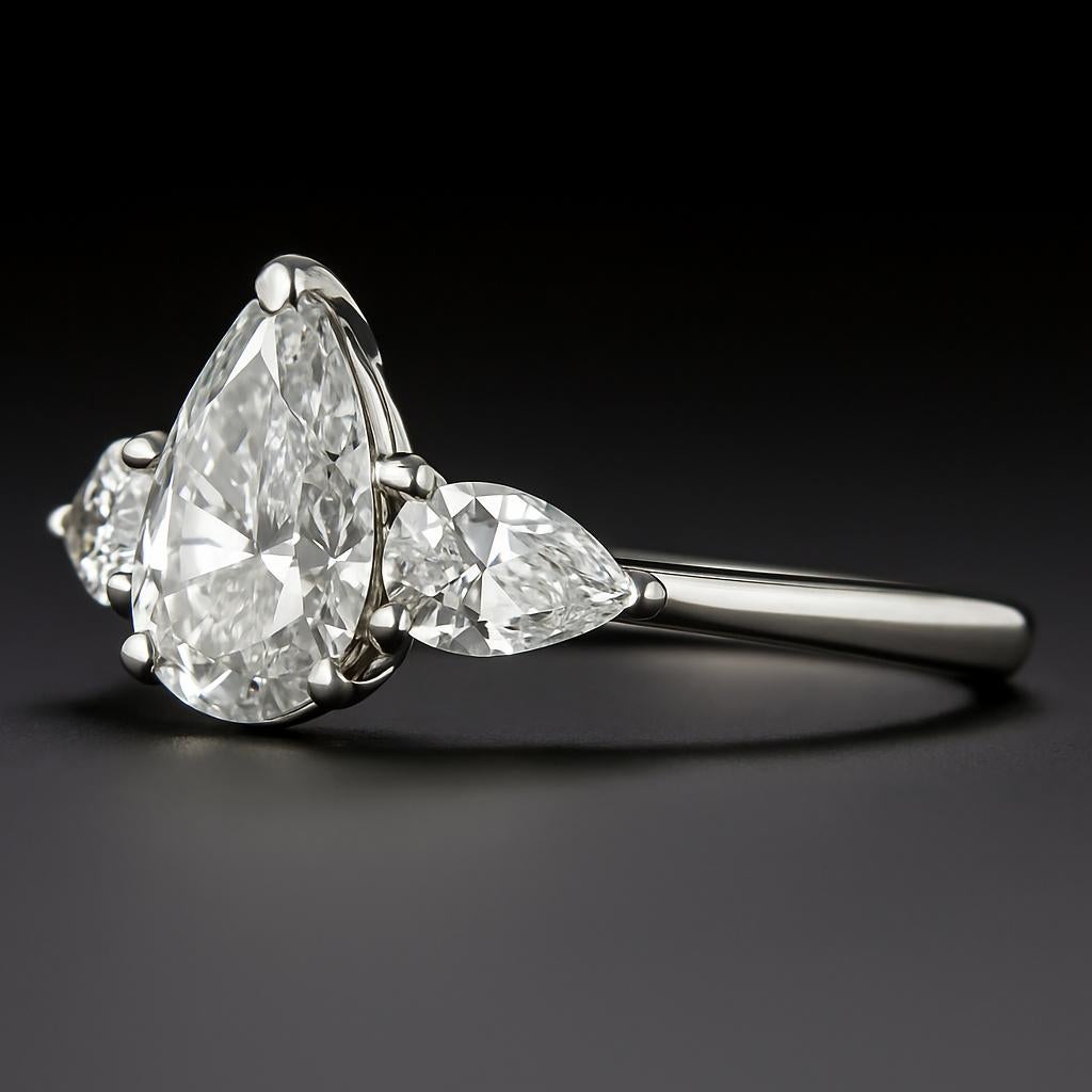 Three-Stone Pear Shape Diamond Engagement Ring in 14K White Gold – 1.5 Carat Cen en Nuevo estado para la venta en Chicago, IL