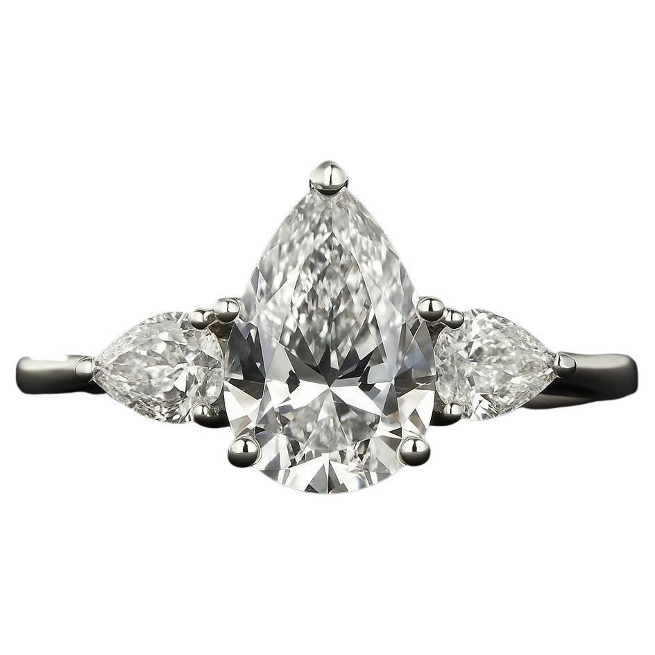 Three-Stone Pear Shape Diamond Engagement Ring in 14K White Gold – 1.5 Carat Cen en venta