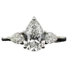 Three-Stone Pear Shape Diamond Engagement Ring in 14K White Gold – 1.5 Carat Cen