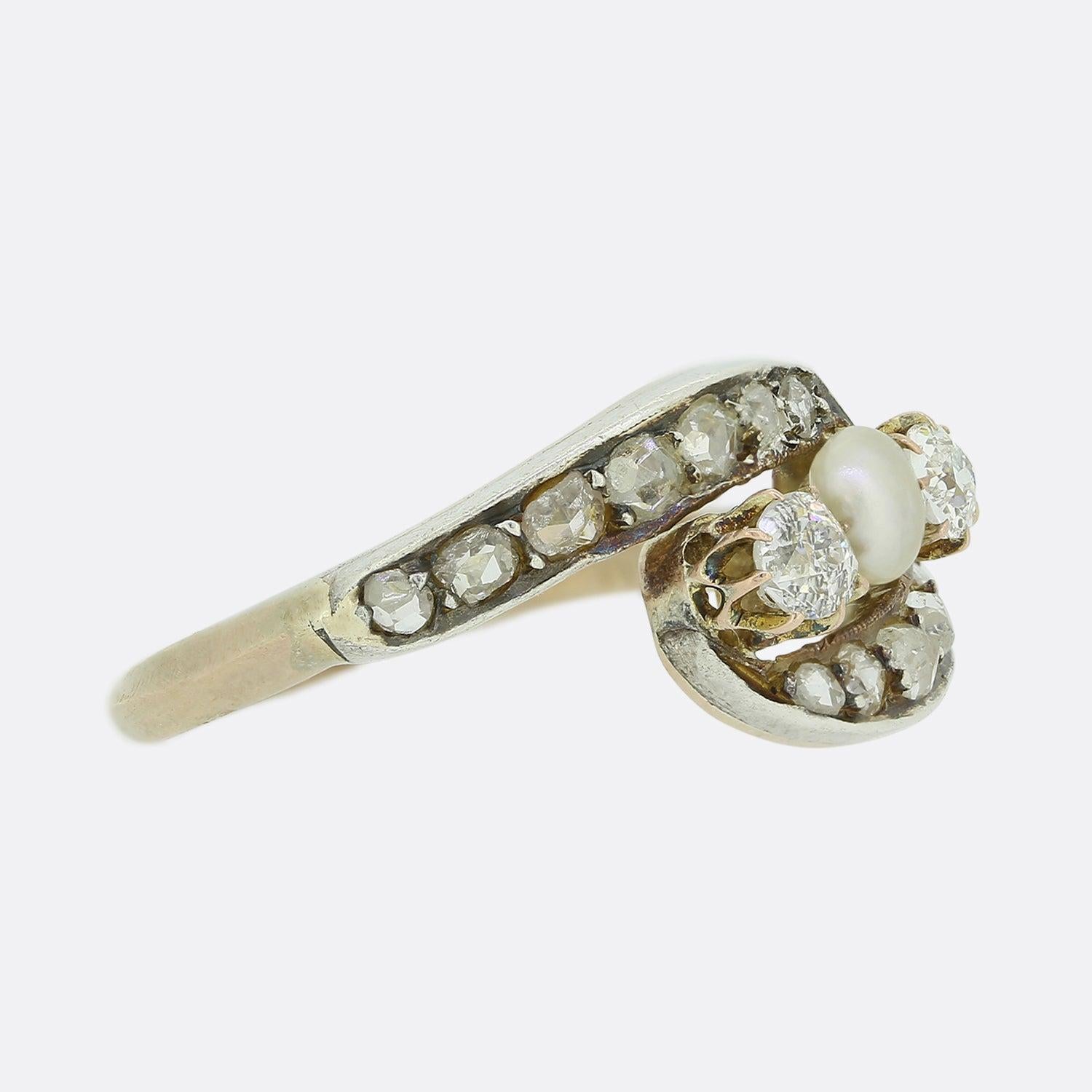 Victorian Three Stone Pearl and Diamond Crossover Ring For Sale