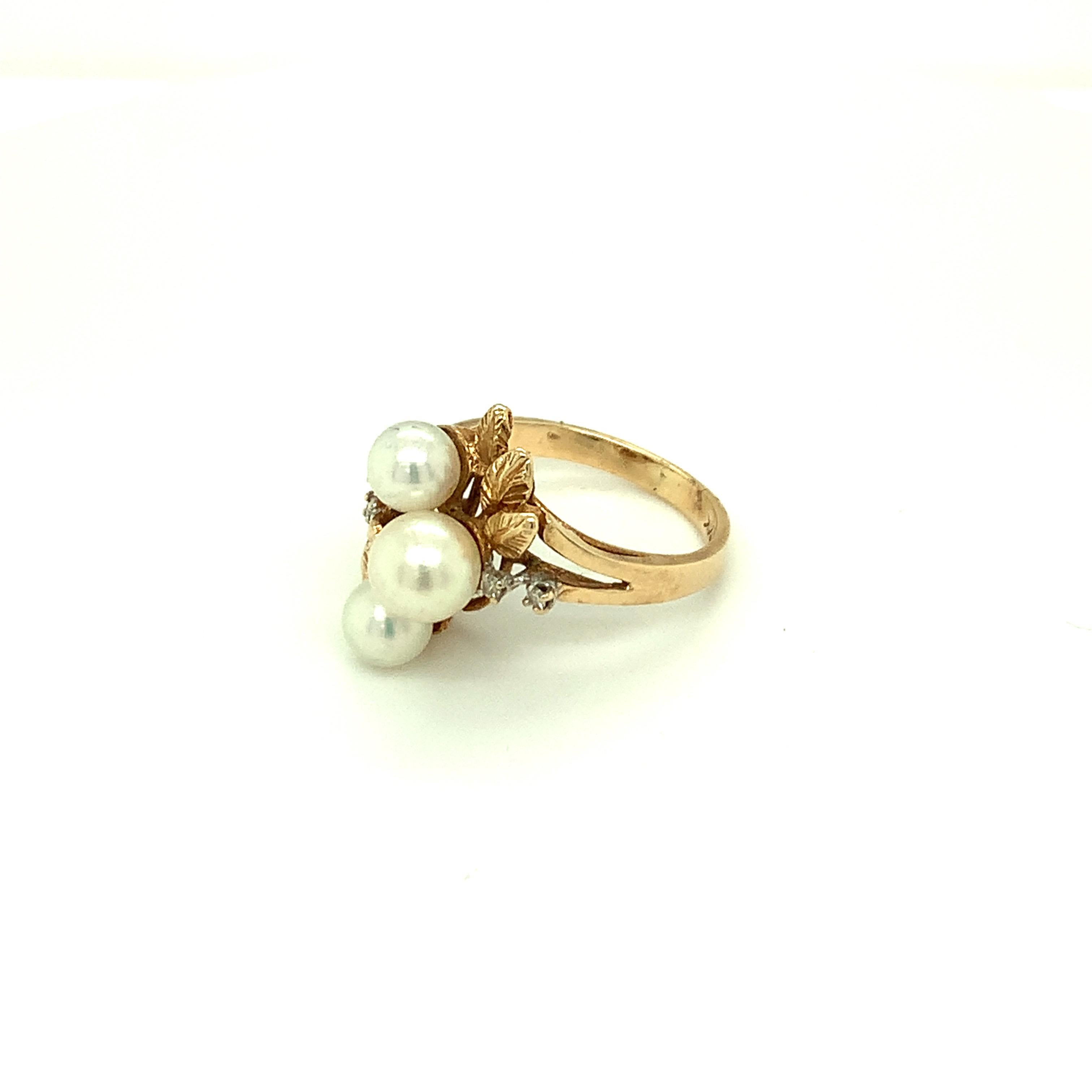 Three Stone Pearl Ring Set in 14K Yellow Gold 4
