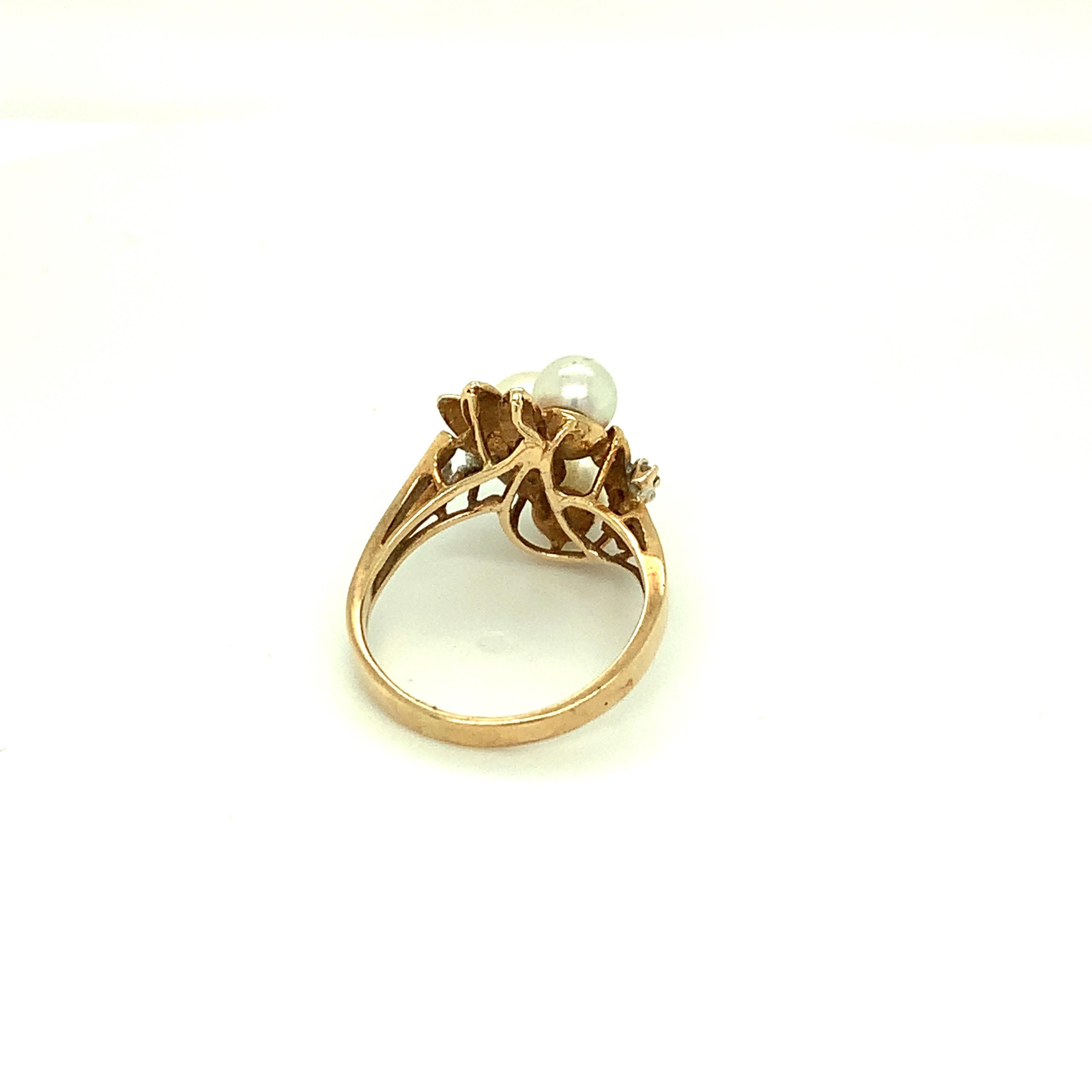 High Victorian Three Stone Pearl Ring Set in 14K Yellow Gold