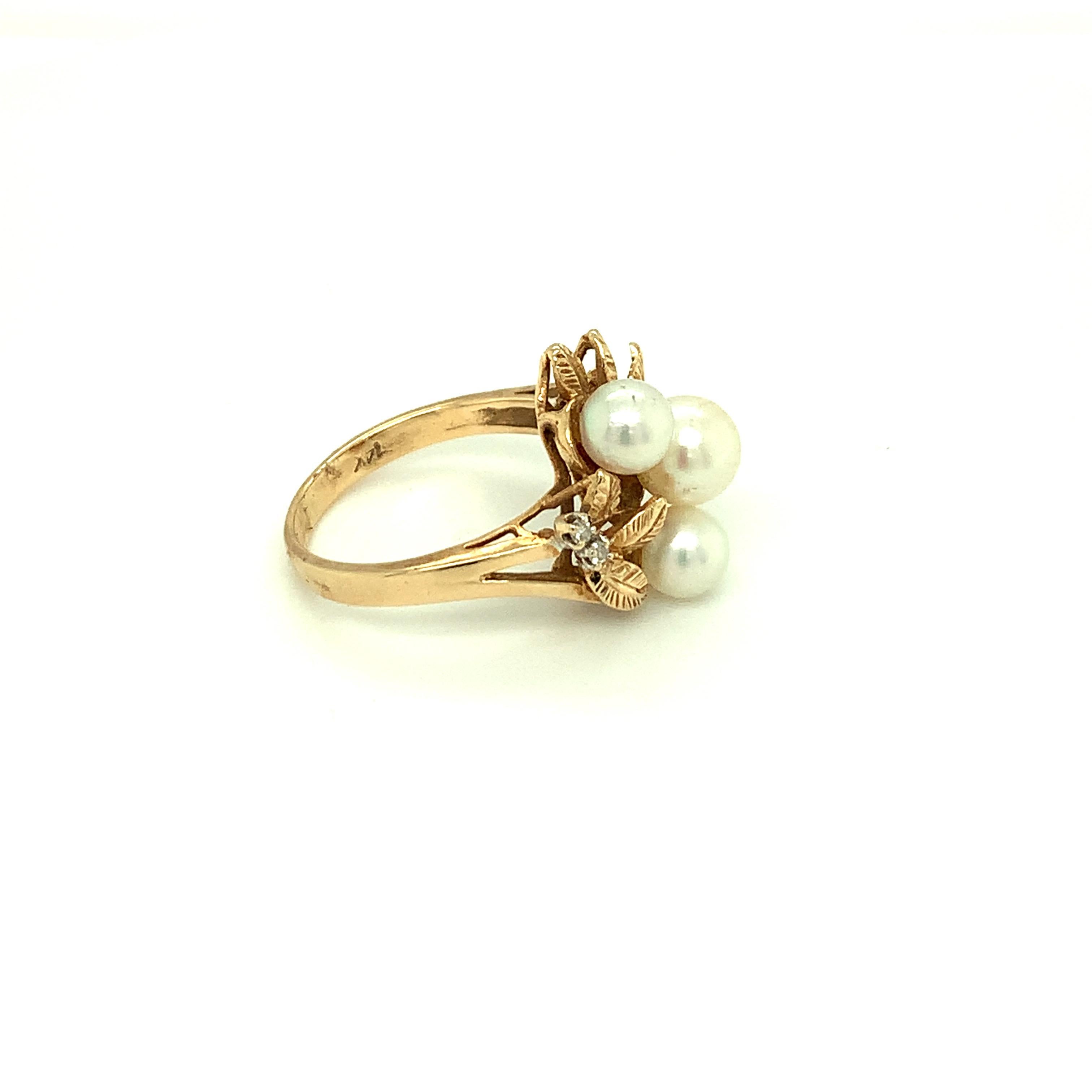 Round Cut Three Stone Pearl Ring Set in 14K Yellow Gold