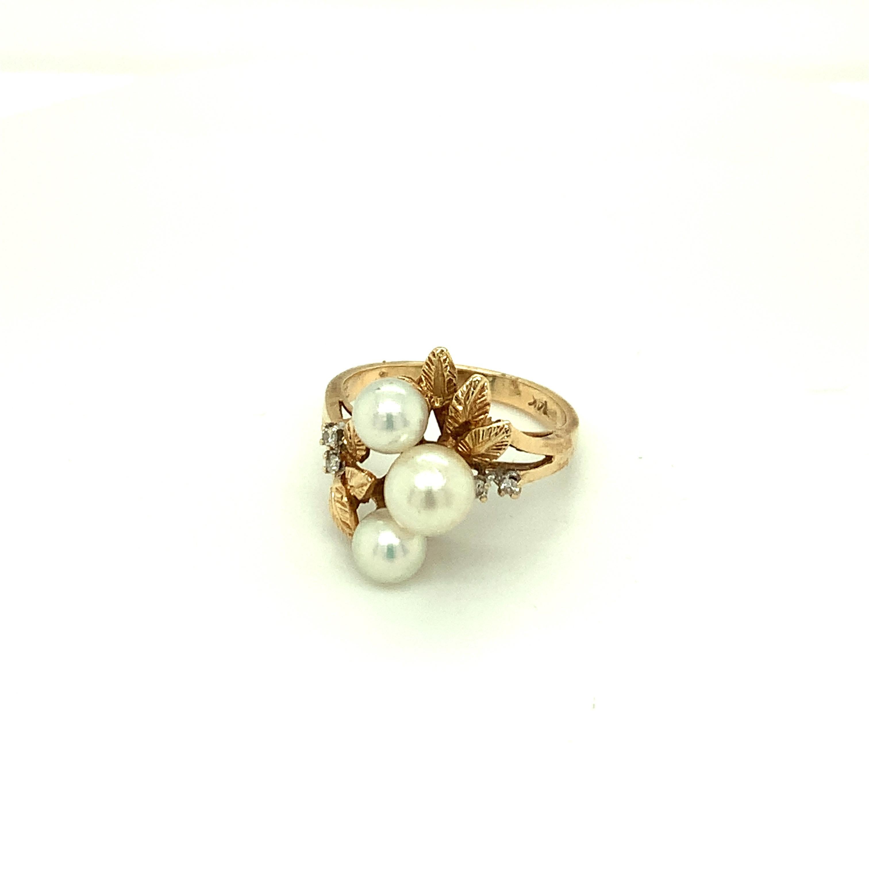 Three Stone Pearl Ring Set in 14K Yellow Gold 1