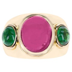 Three Stone Pink and Green Tourmaline Ring, 14K Yellow Gold