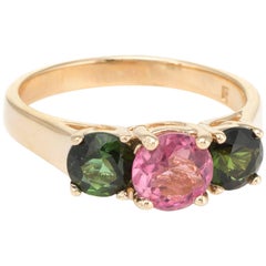 Three-Stone Pink and Green Tourmaline Ring Vintage 14 Karat Yellow Gold