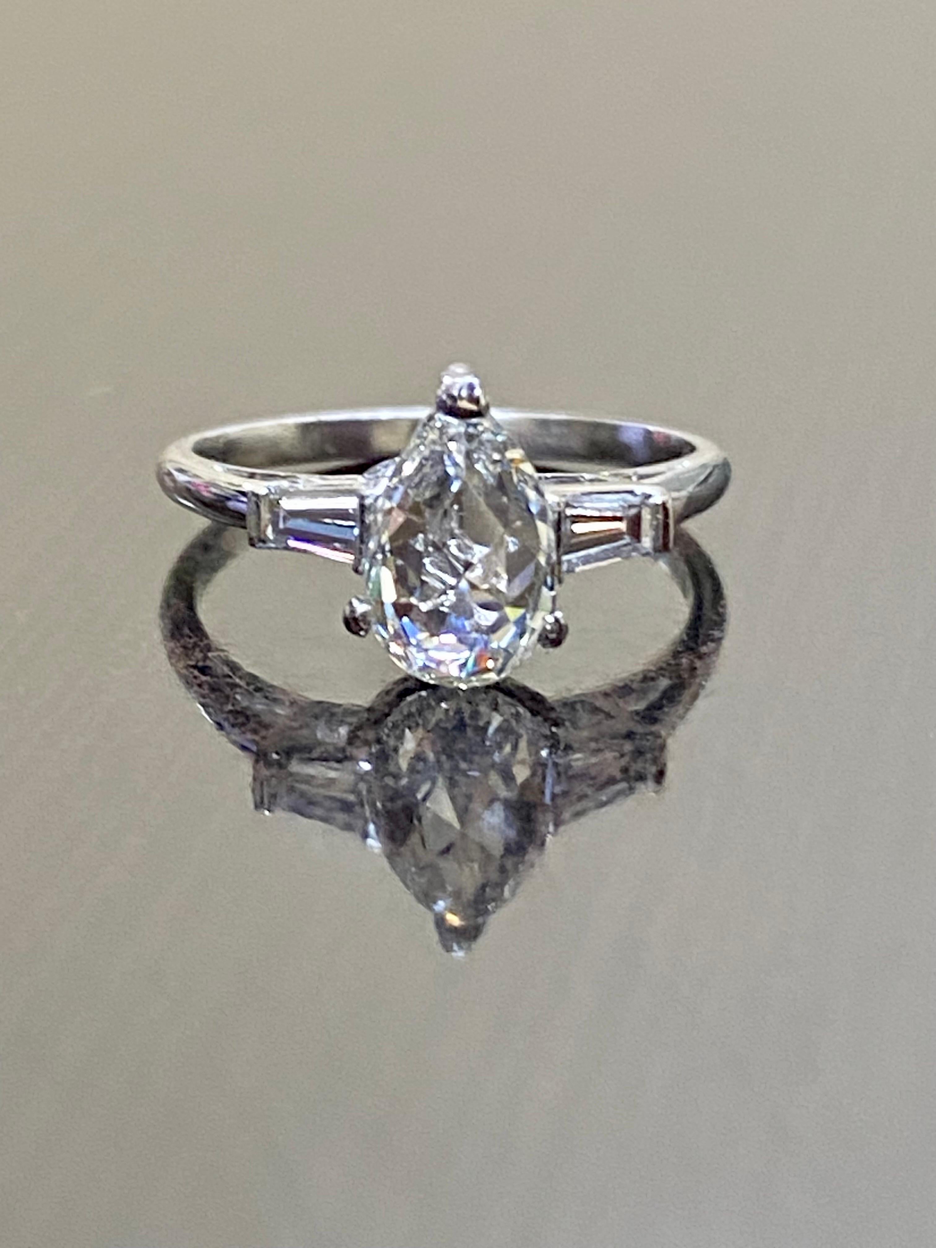 Three Stone Platinum 1.12 Carat Rose Cut Pear Shape Diamond Engagement Ring For Sale 5