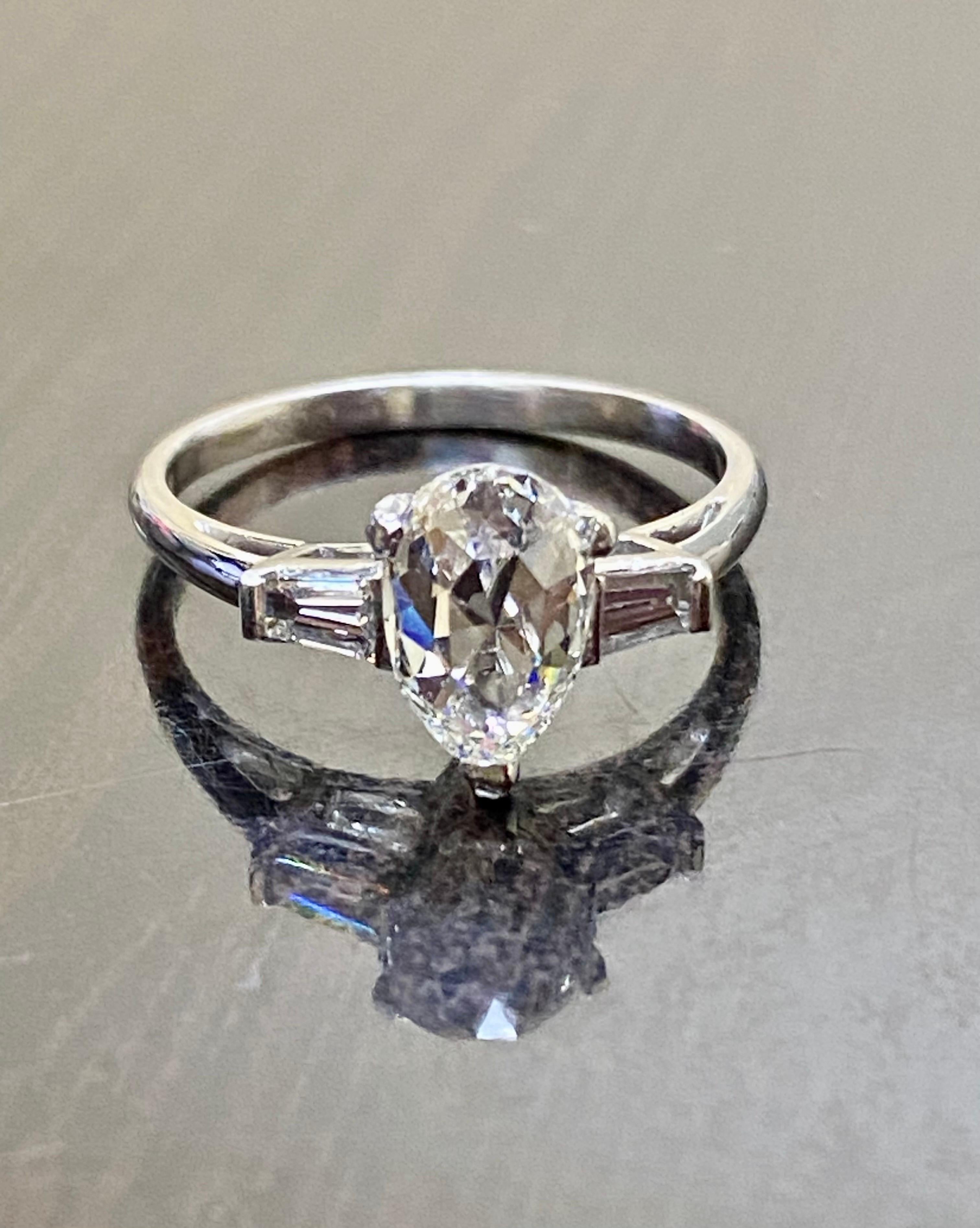 Art Deco Three Stone Platinum 1.12 Carat Rose Cut Pear Shape Diamond Engagement Ring For Sale