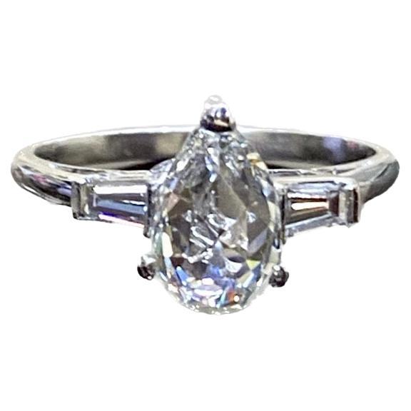 Three Stone Platinum 1.12 Carat Rose Cut Pear Shape Diamond Engagement Ring For Sale