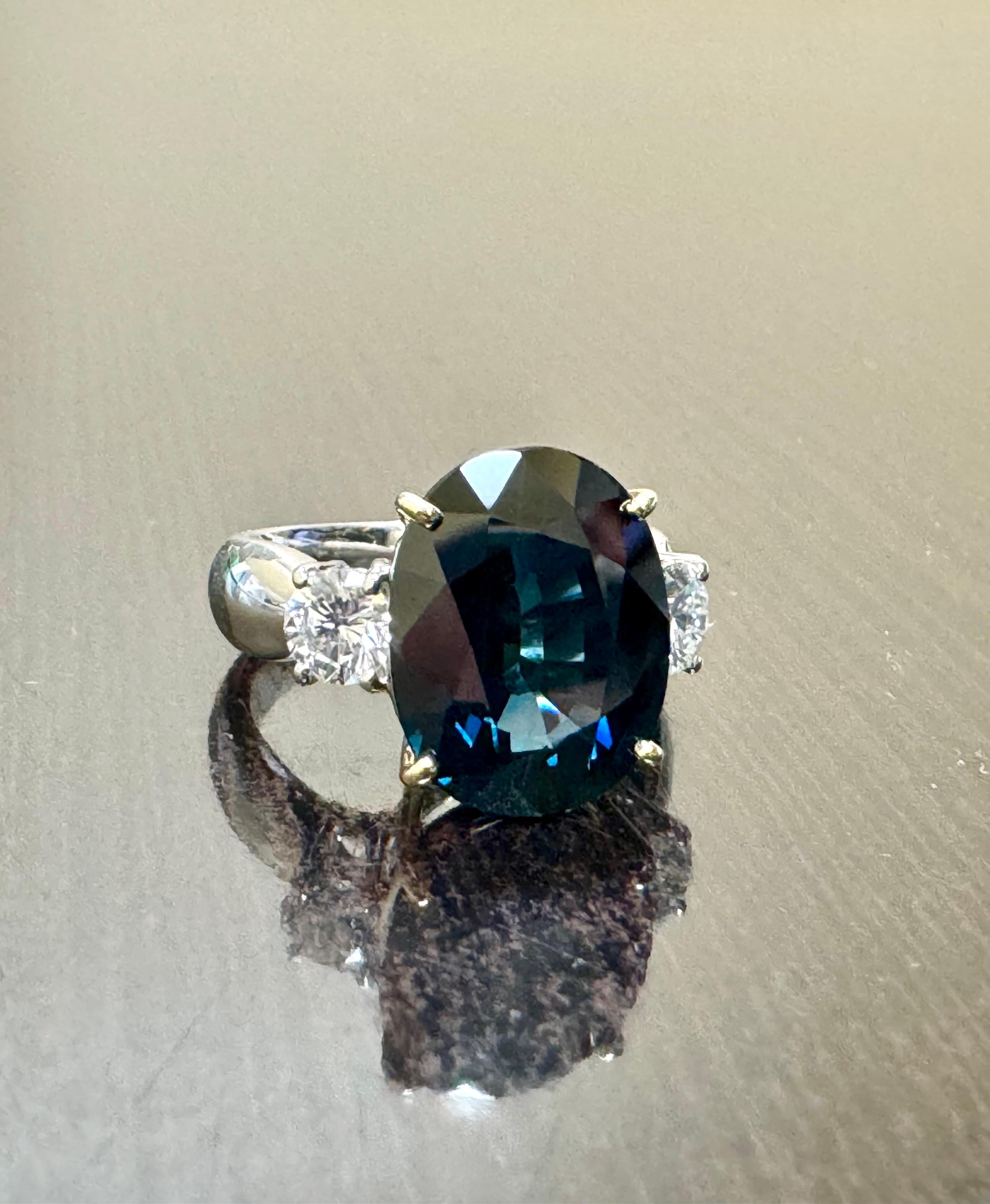 Three Stone Platinum Diamond 7.85 Carat Oval Peacock Sapphire Engagement Ring For Sale 4