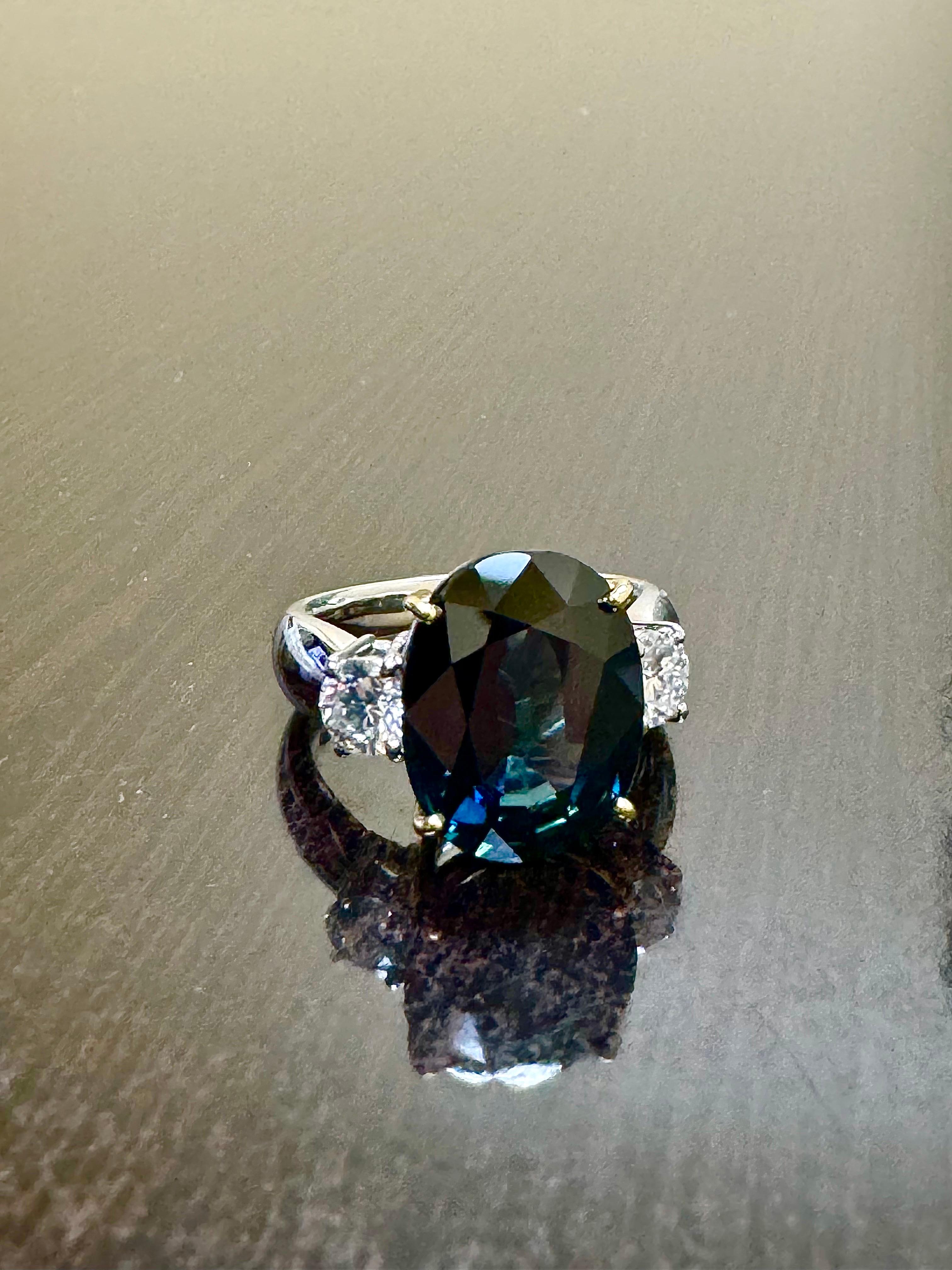 Three Stone Platinum Diamond 7.85 Carat Oval Peacock Sapphire Engagement Ring For Sale 5