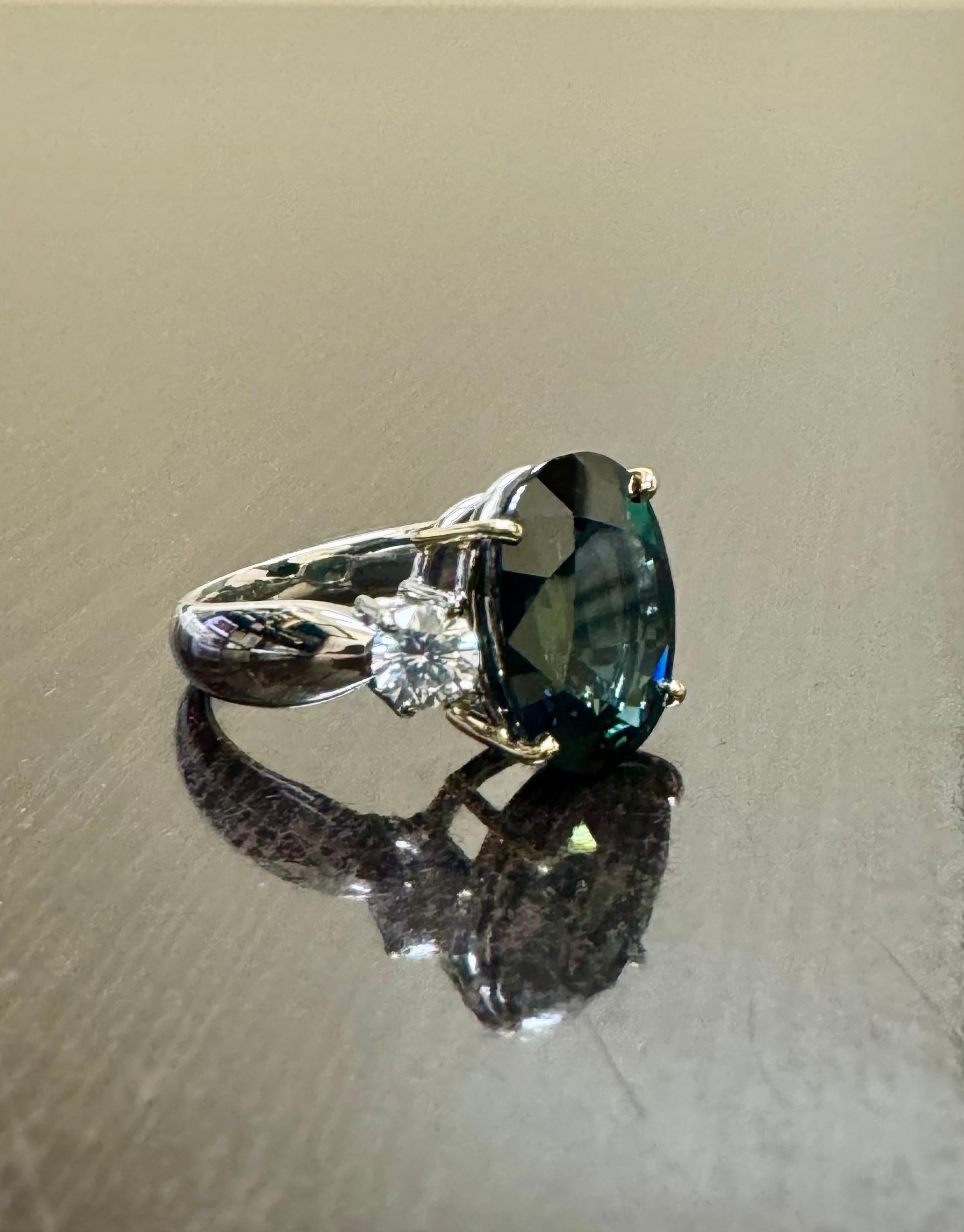 Three Stone Platinum Diamond 7.85 Carat Oval Peacock Sapphire Engagement Ring For Sale 6
