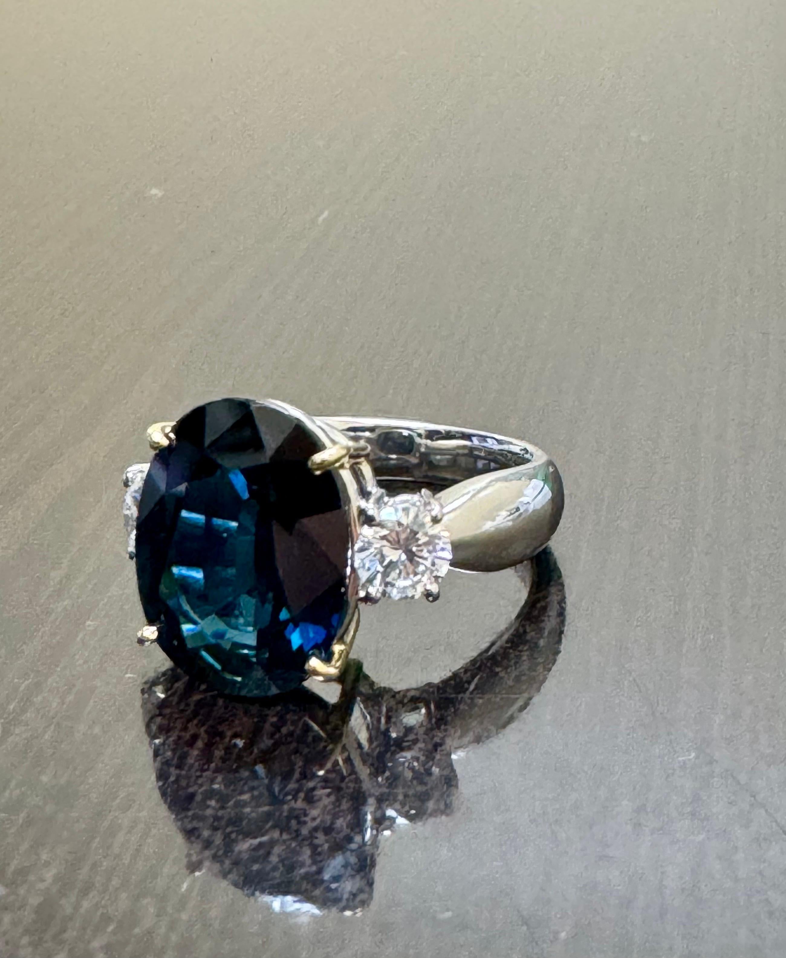 Three Stone Platinum Diamond 7.85 Carat Oval Peacock Sapphire Engagement Ring For Sale 7