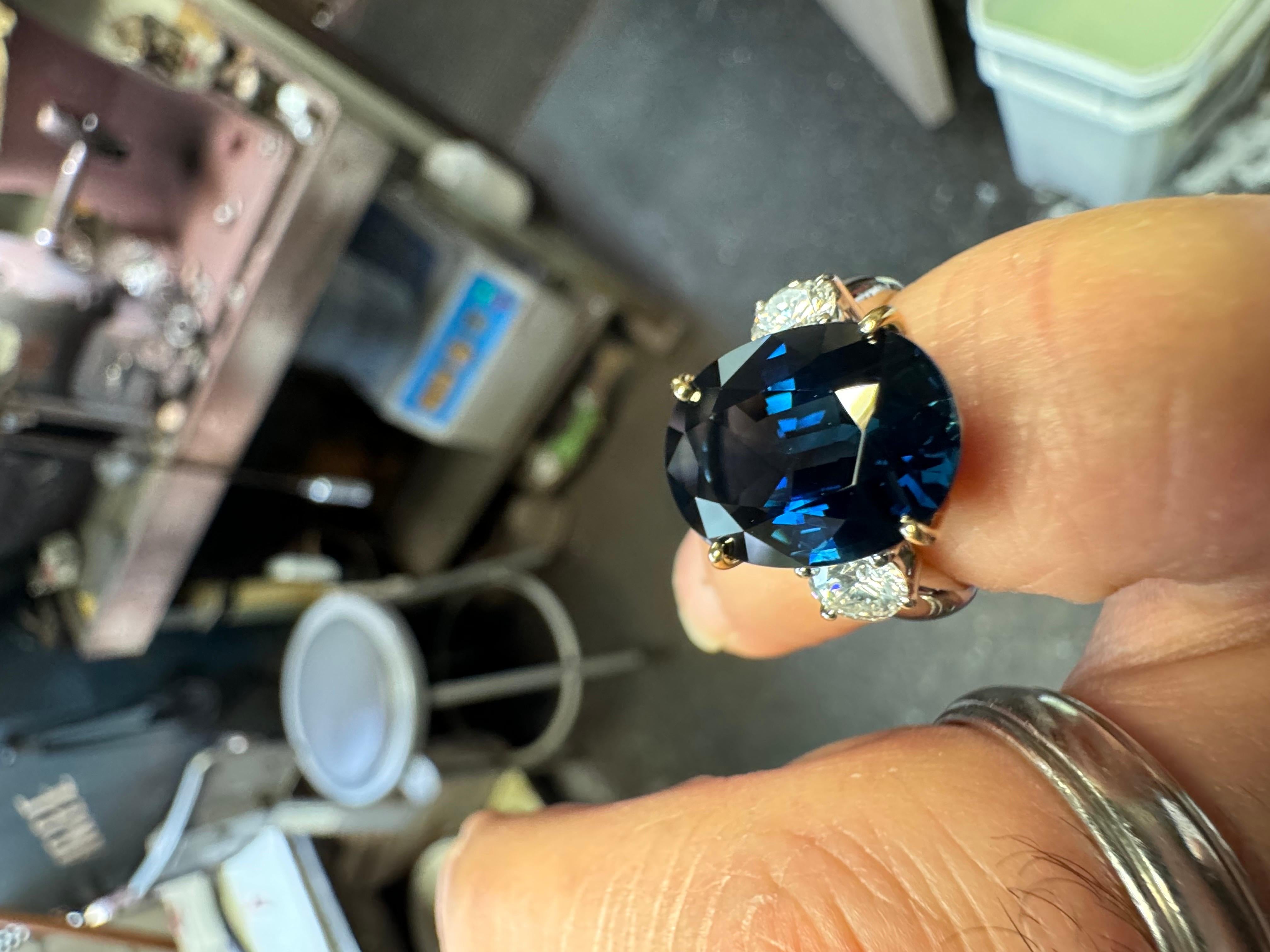 Three Stone Platinum Diamond 7.85 Carat Oval Peacock Sapphire Engagement Ring For Sale 8