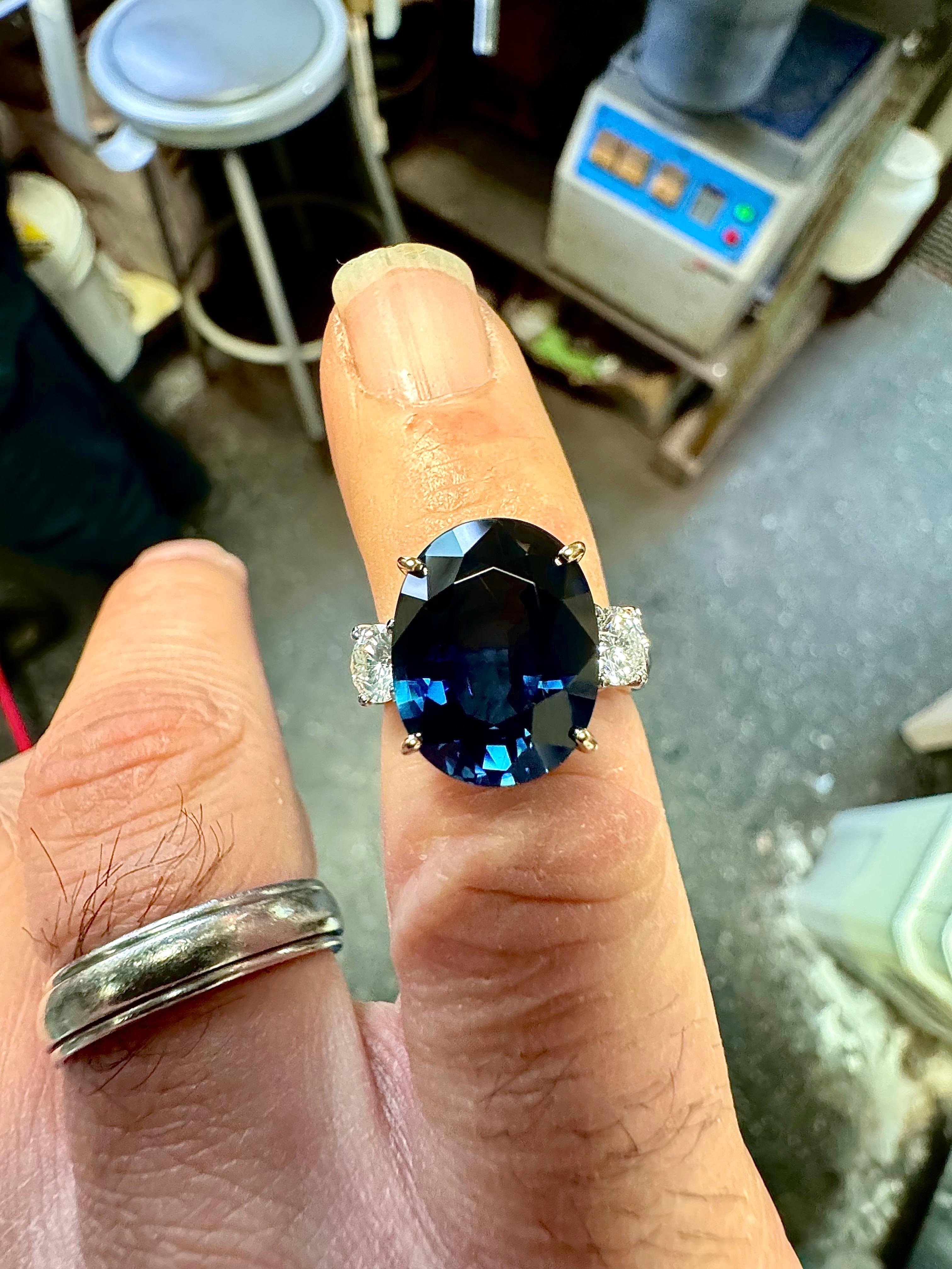 Three Stone Platinum Diamond 7.85 Carat Oval Peacock Sapphire Engagement Ring For Sale 9