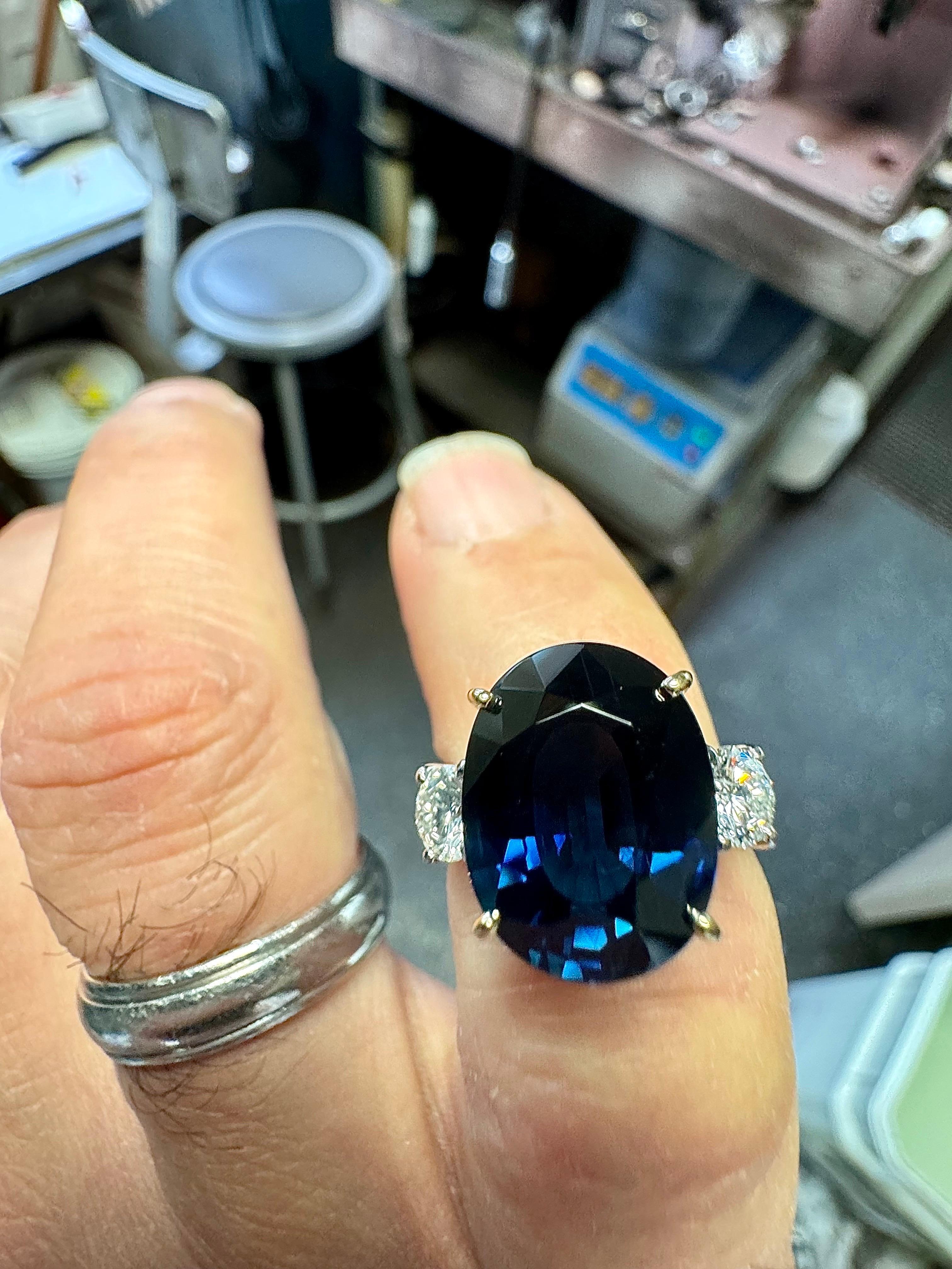 Three Stone Platinum Diamond 7.85 Carat Oval Peacock Sapphire Engagement Ring For Sale 10