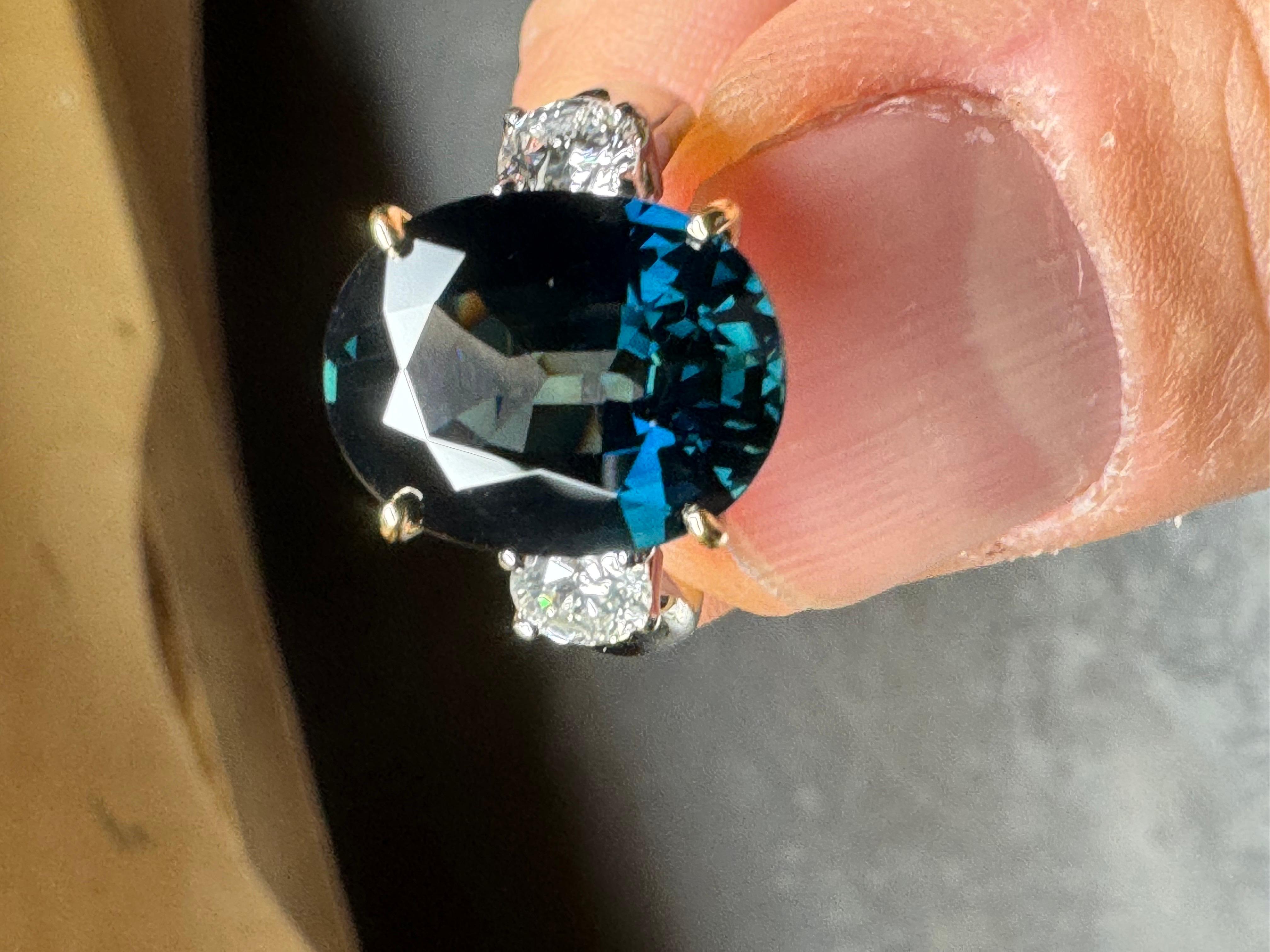 Three Stone Platinum Diamond 7.85 Carat Oval Peacock Sapphire Engagement Ring For Sale 11