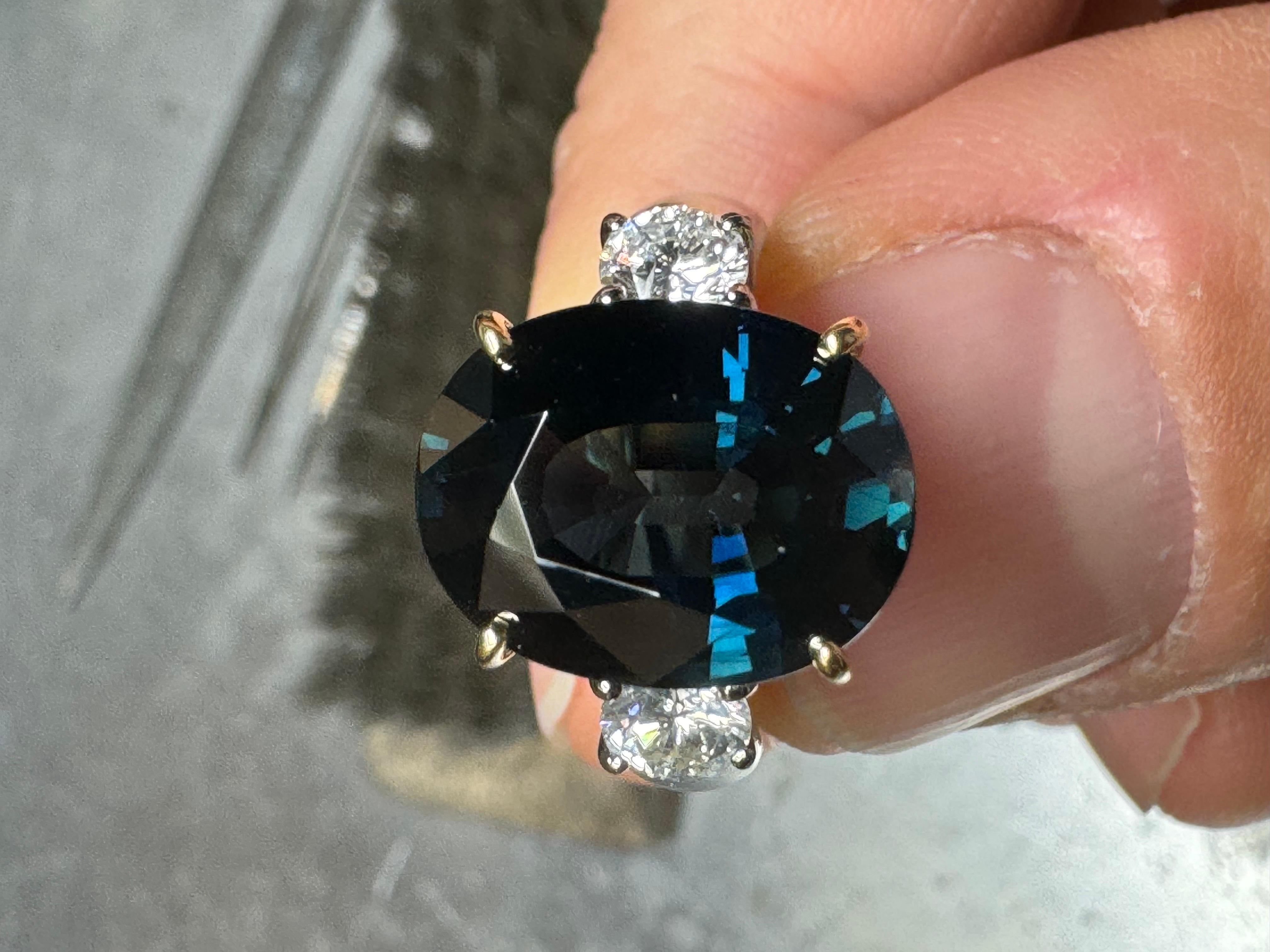 Three Stone Platinum Diamond 7.85 Carat Oval Peacock Sapphire Engagement Ring For Sale 12
