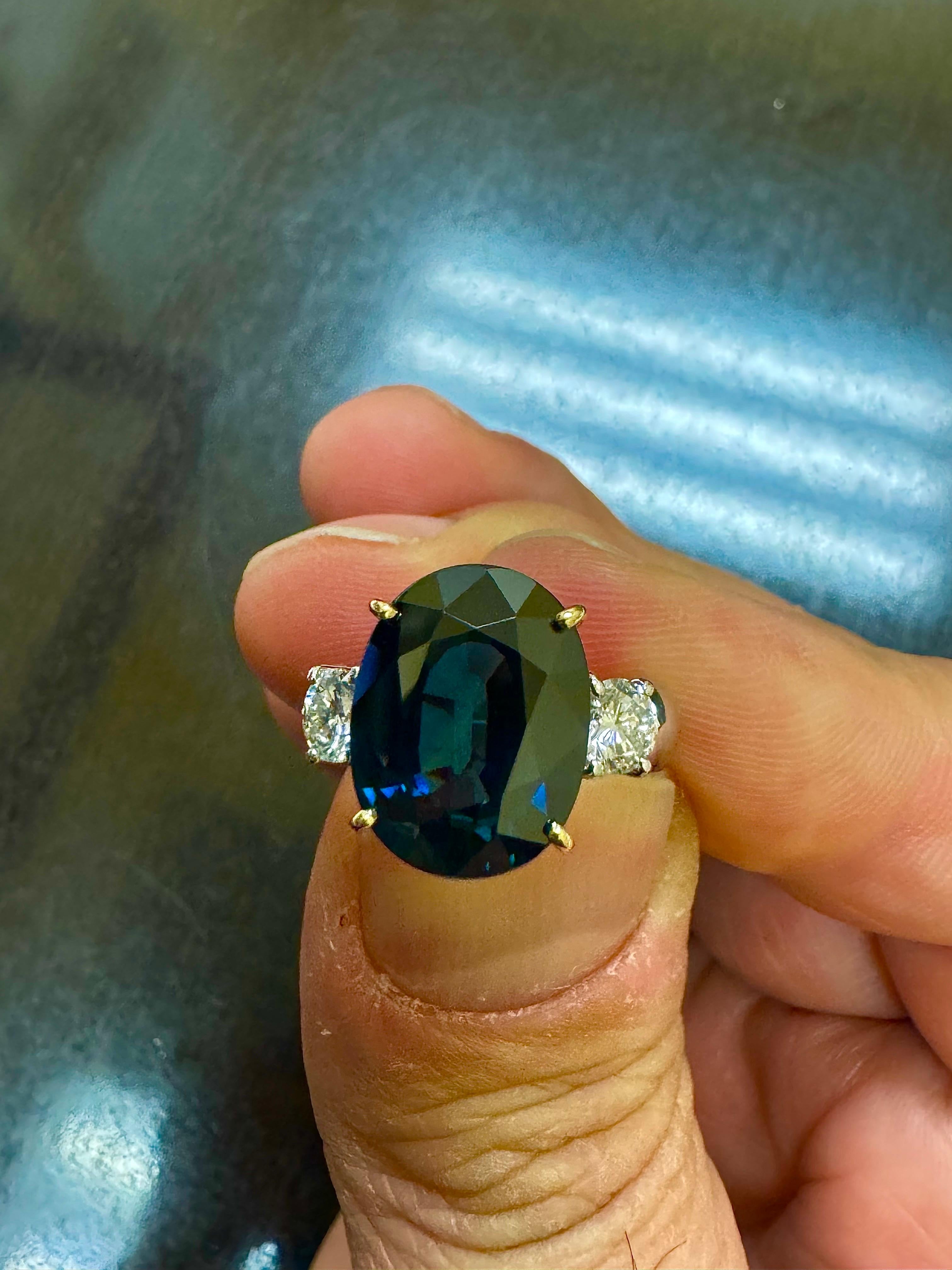 Three Stone Platinum Diamond 7.85 Carat Oval Peacock Sapphire Engagement Ring For Sale 13