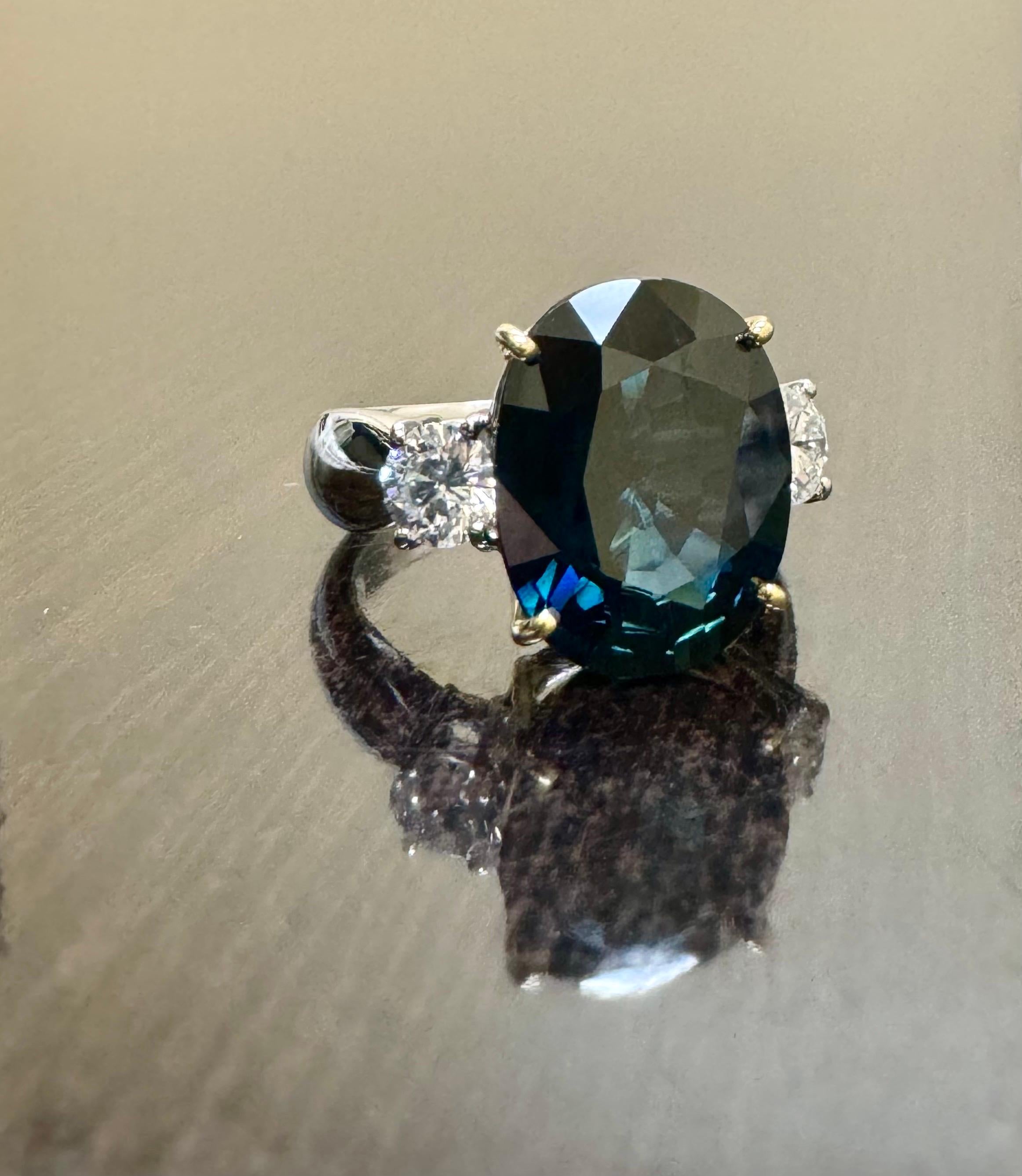 Women's Three Stone Platinum Diamond 7.85 Carat Oval Peacock Sapphire Engagement Ring For Sale