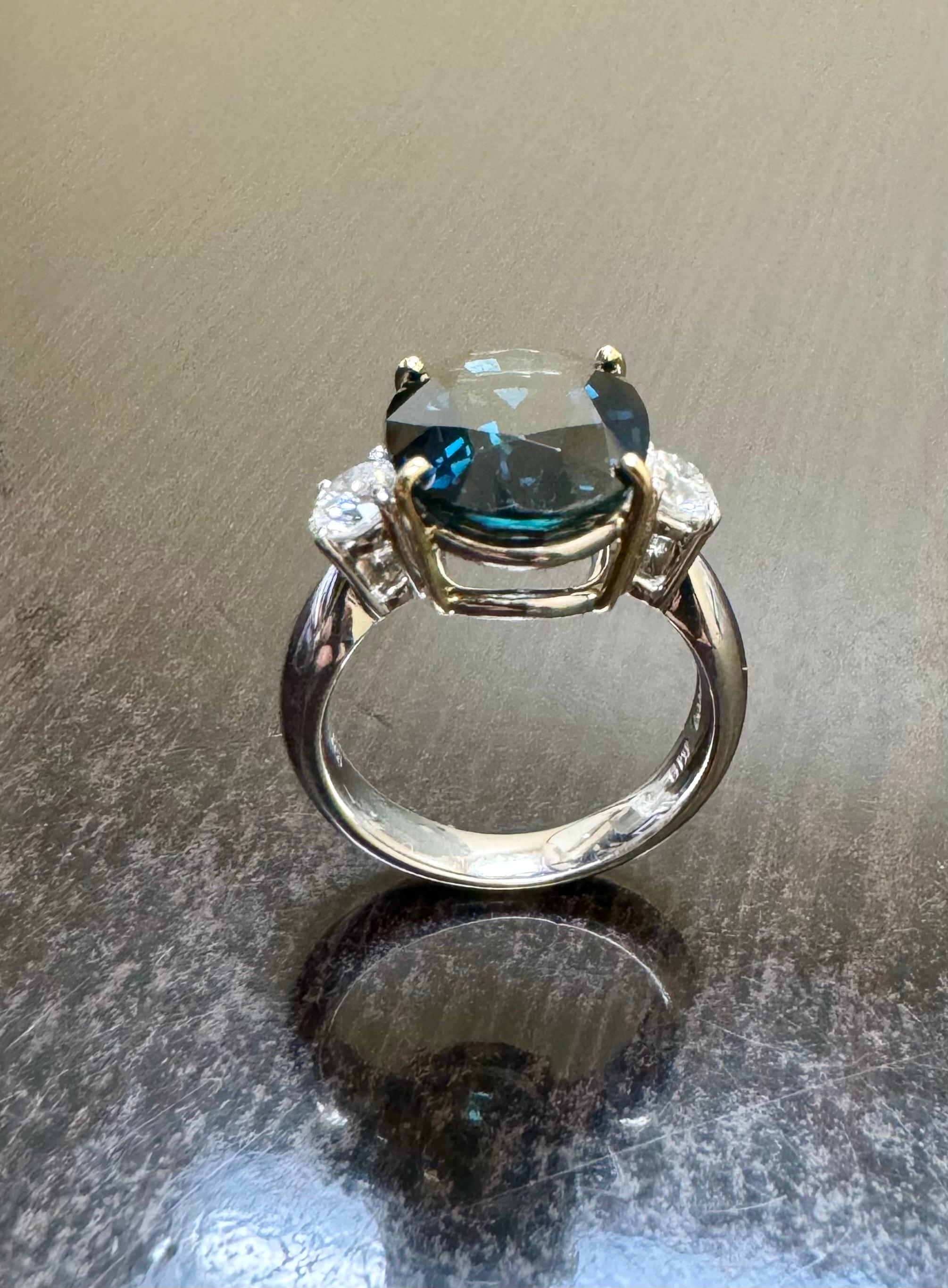 Three Stone Platinum Diamond 7.85 Carat Oval Peacock Sapphire Engagement Ring For Sale 1