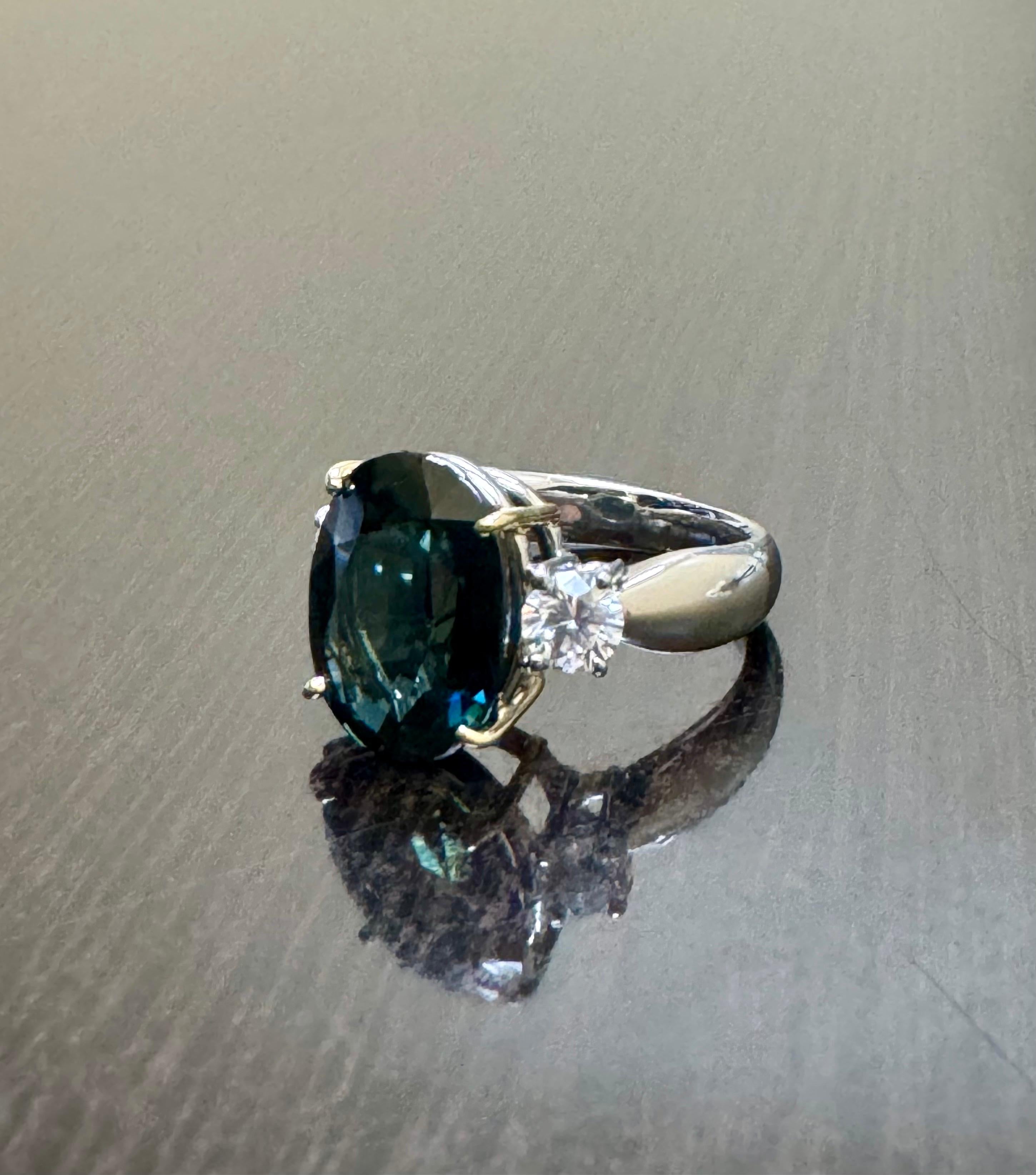 Three Stone Platinum Diamond 7.85 Carat Oval Peacock Sapphire Engagement Ring For Sale 2