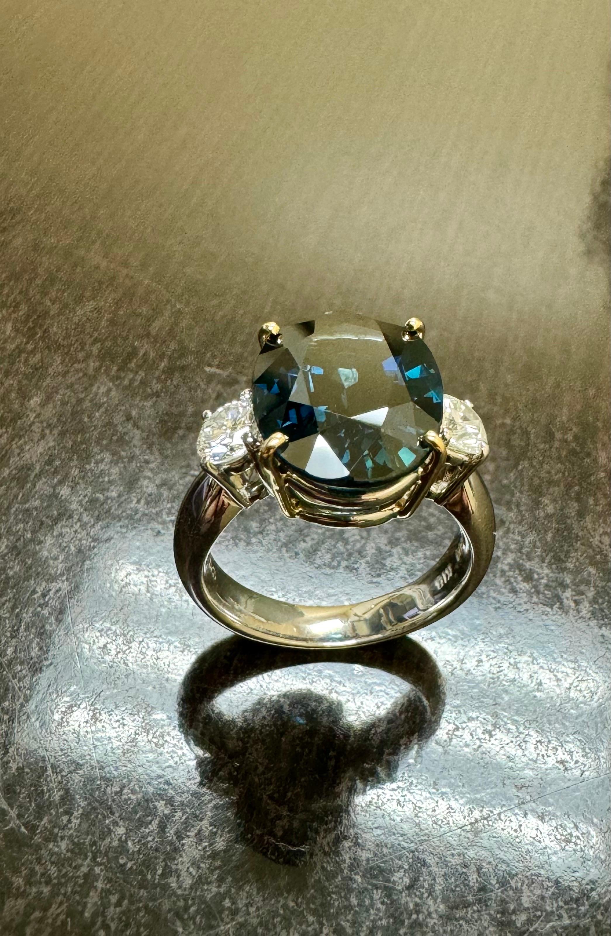 Three Stone Platinum Diamond 7.85 Carat Oval Peacock Sapphire Engagement Ring For Sale 3