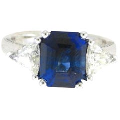 GIA Certified 4.49 Carat ThreeStone Platinum Emerald Cut Sapphire 
Diamond Ring