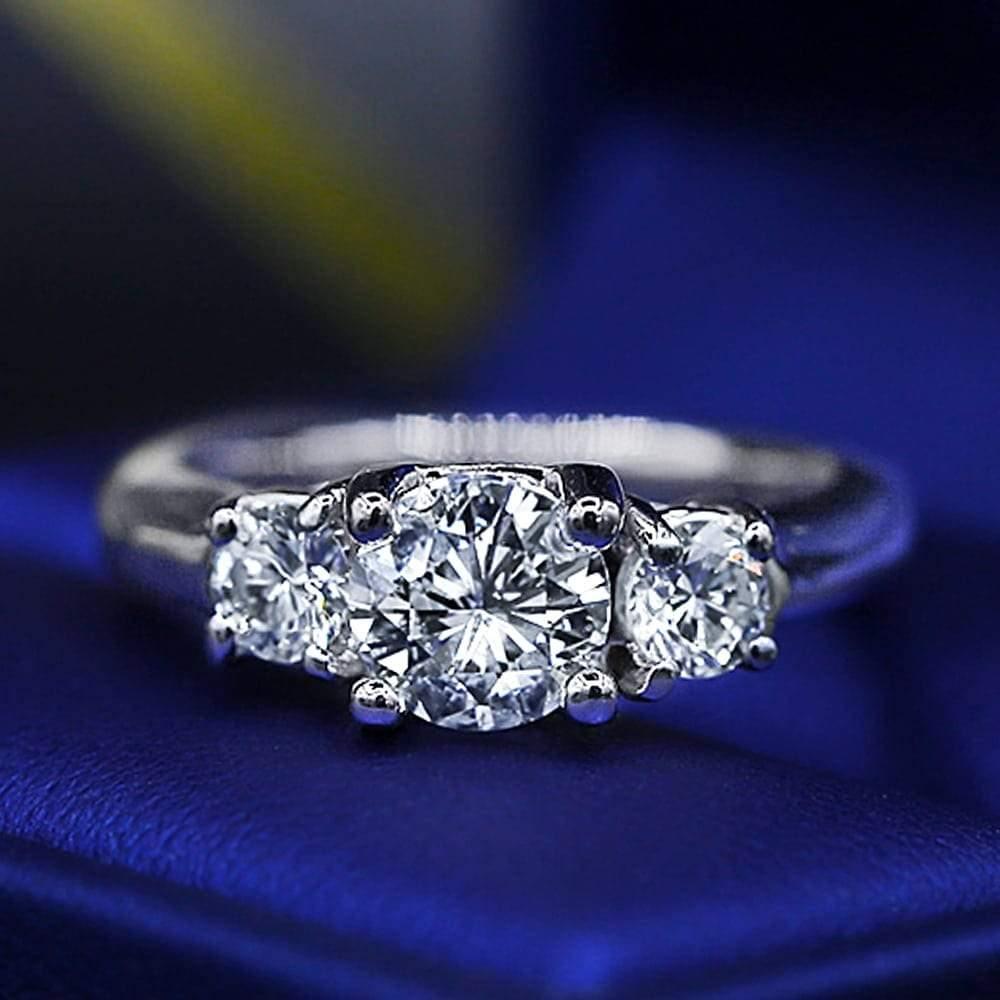 For Sale:  Three-Stone Platinum Engagement Ring with 1.00ct Center Round Diamond 2