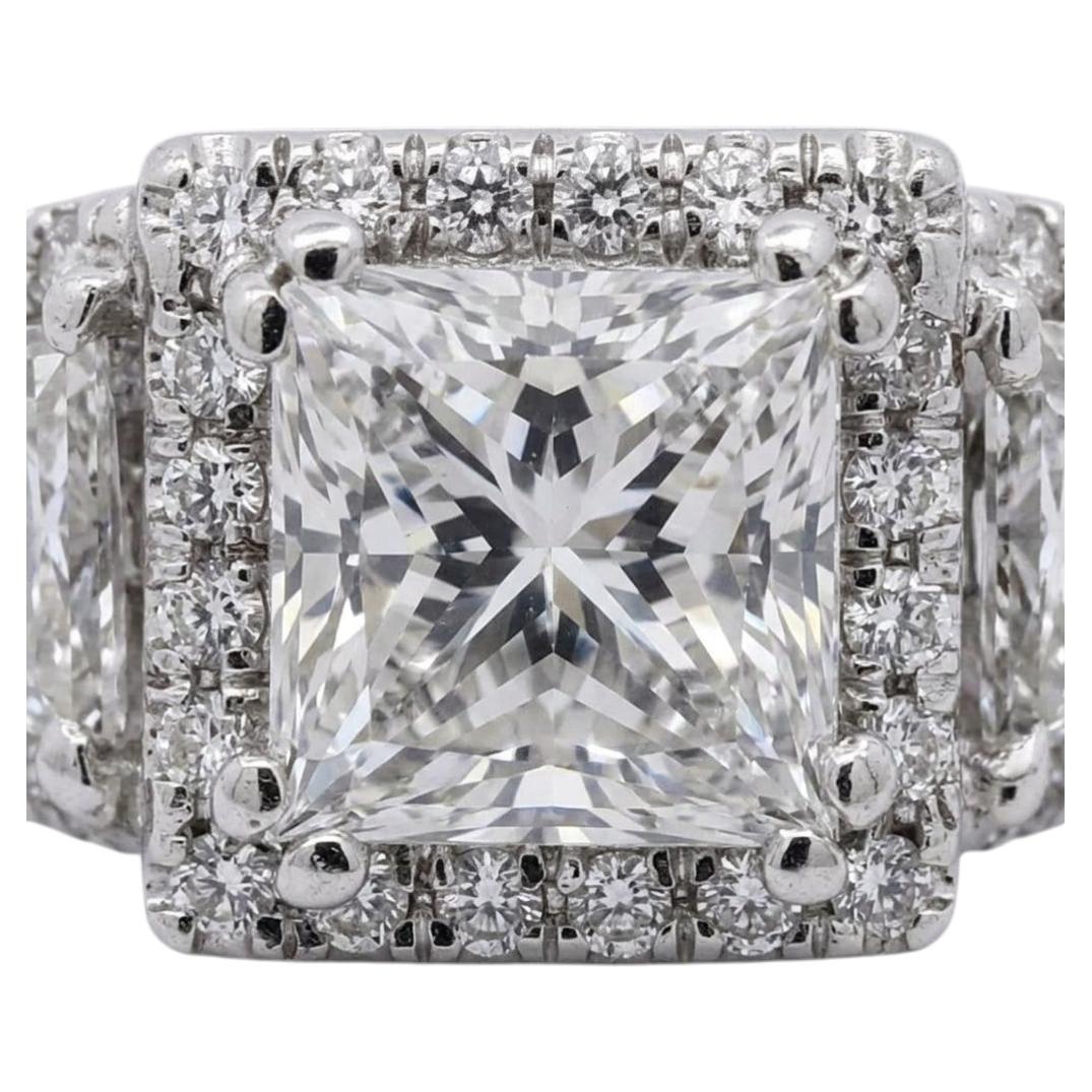 Three stone Princess Cut Diamond Cluster Engagement Ring in 14k White Gold For Sale