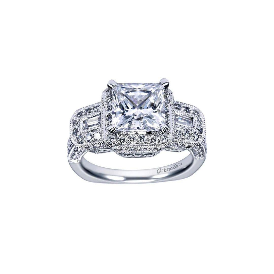 Three Stone Vintage Inspired Diamond Engagement Ring in 14k White Gold by Gabriel Co. Center diamond is princess cut,  0.50 ct weight, H color, VS2 clarity. Side diamonds are total carat weight 0.50 ctw, H color, SI clarity. 