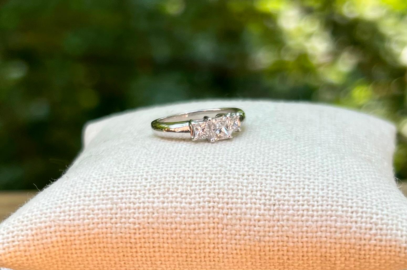 Contemporary Three Stone Princess Cut Diamond Engagement Ring For Sale