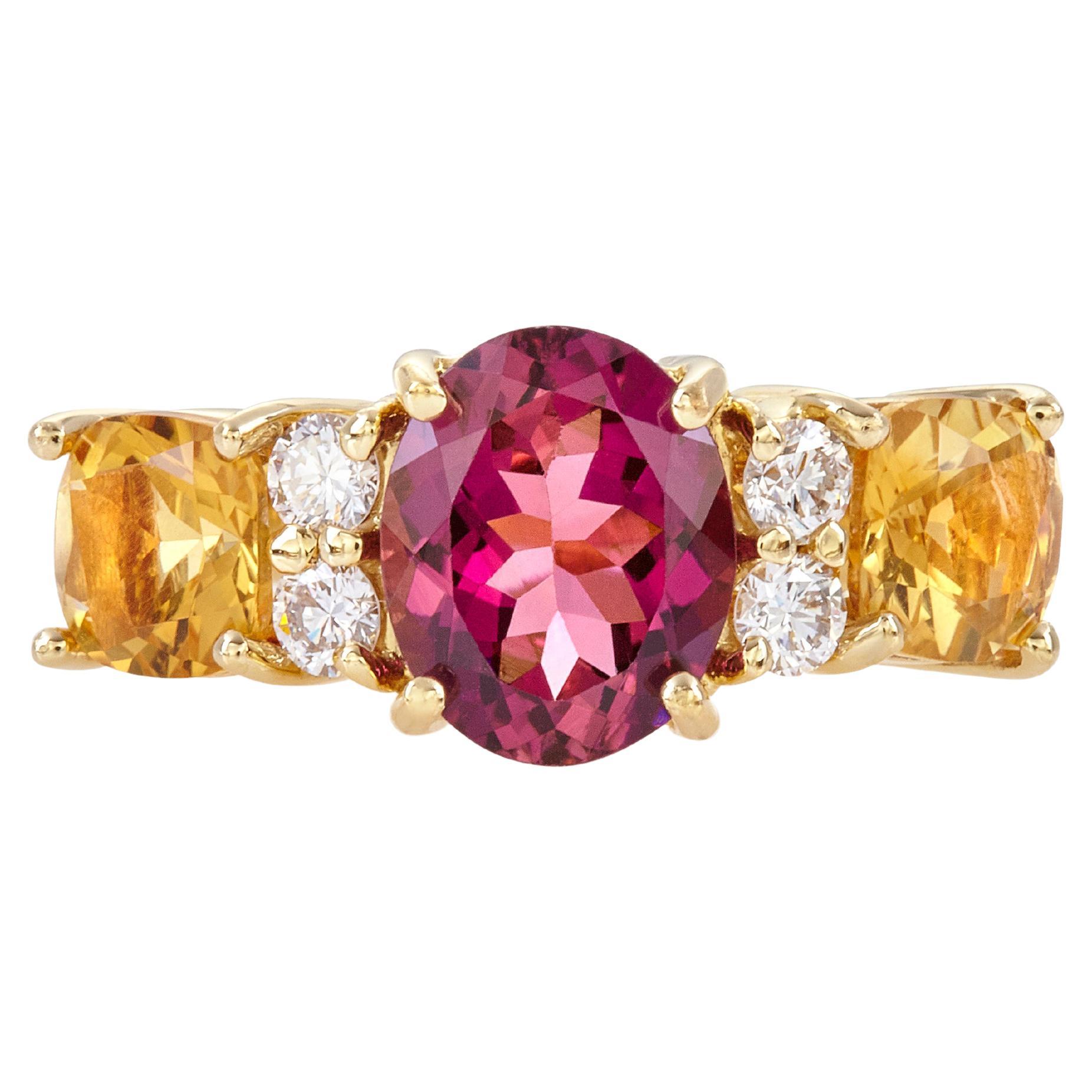 Three Stone Prong Ring in 18kt Yellow Gold with Tourmaline Citrine and Diamonds