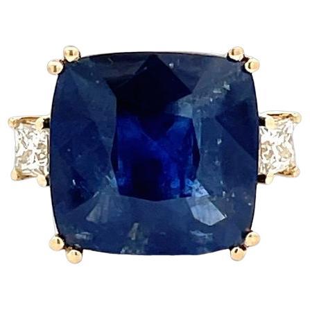 Three Stone Radiant Sapphire 17.47CT & Princess Diamond 0.74CT Ring 18K Yellow G