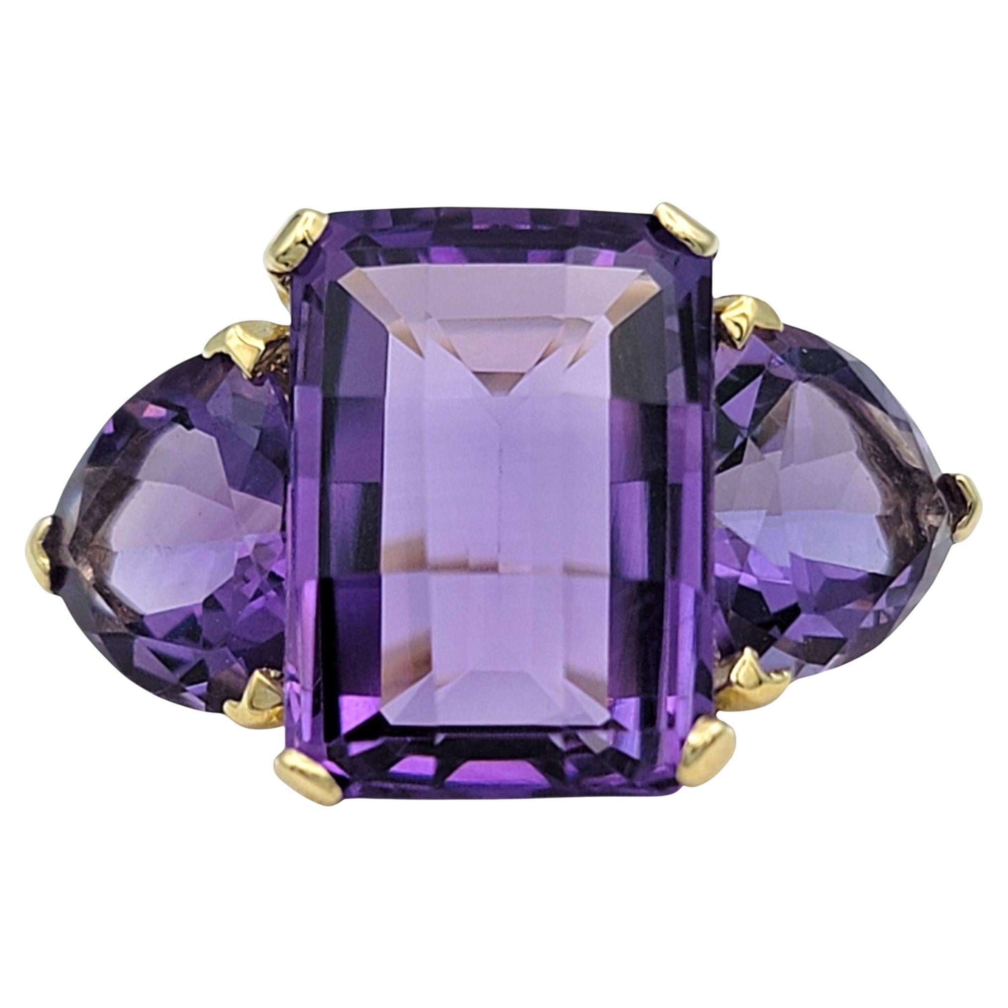 Bague de cocktail à trois pierres en or 14 carats, avec améthyste de taille rectangulaire et triangulaire