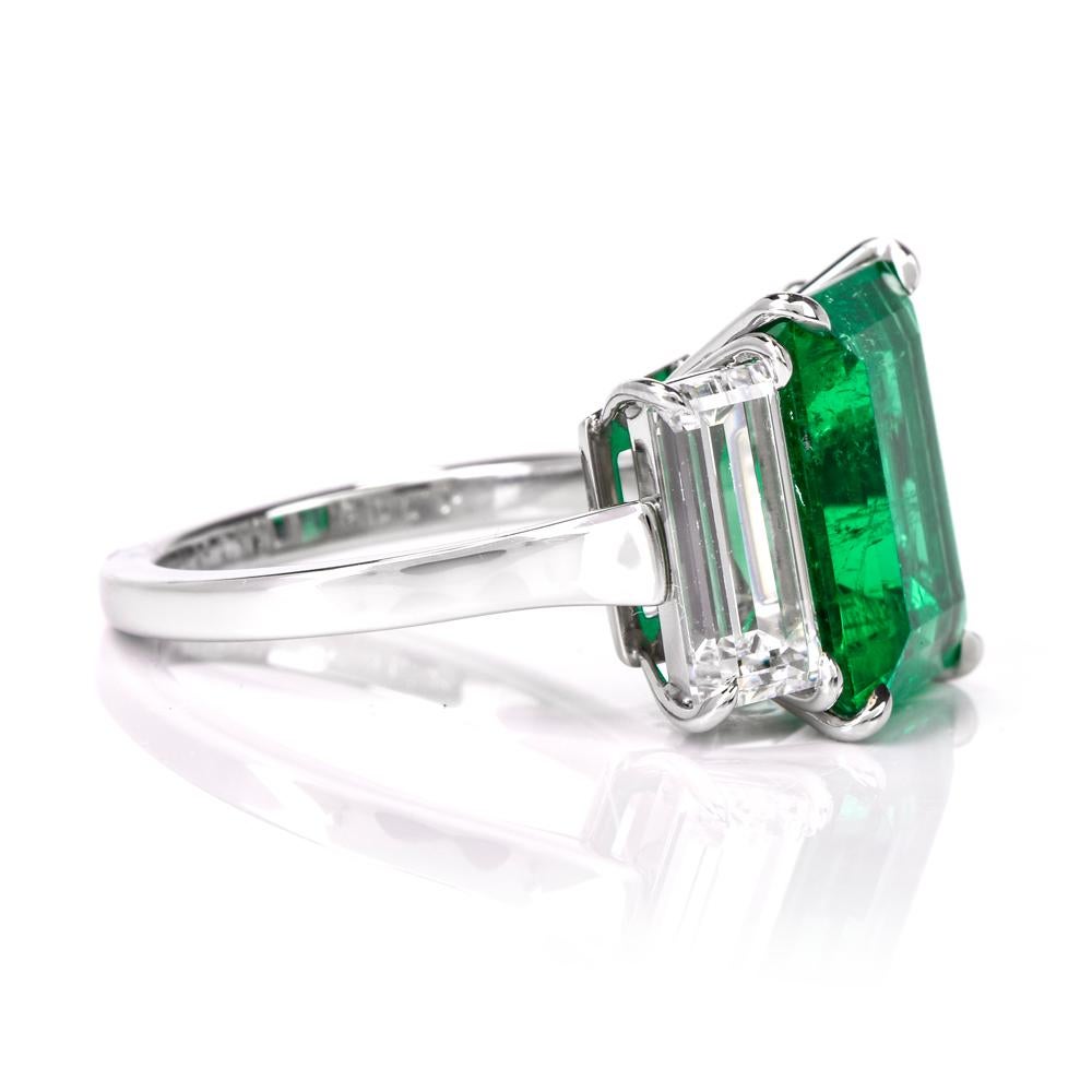 Women's Three-Stone Rectangular Emerald Diamond Platinum Ring For Sale