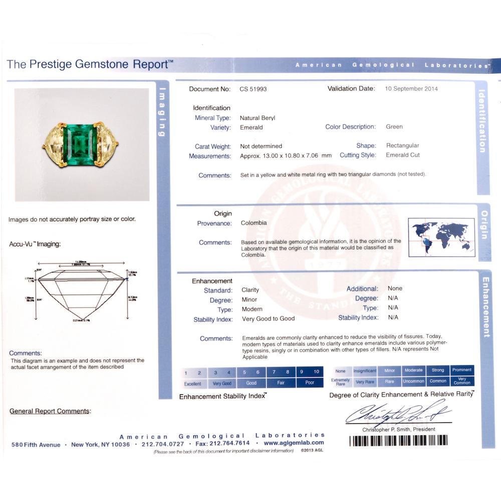 Three-Stone Rectangular Emerald Diamond Platinum Ring For Sale 1