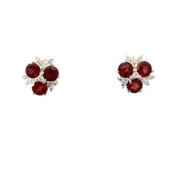 Three Stone Red Garnet Trio Stud Earrings Made in 925 Solid Silver