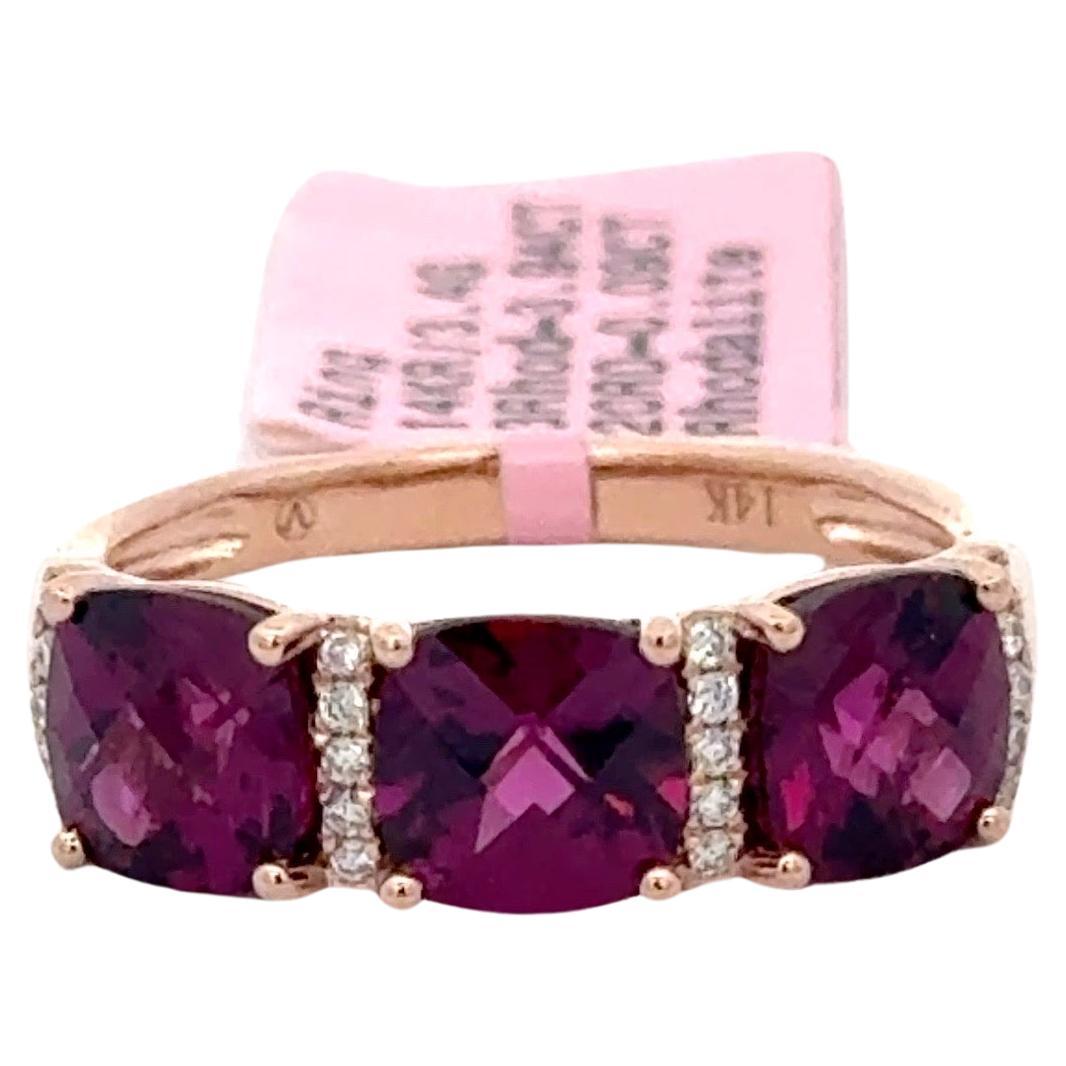 Three Stone Rhodolite Diamond Band Ring 4.15 CTTW 14 Karat Yellow Gold 3.4 Grams
