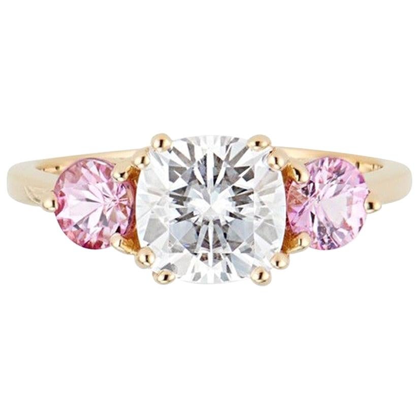 Three-Stone Ring, 14 Karat Gold Cushion Cut Moissanite and Pink Sapphire