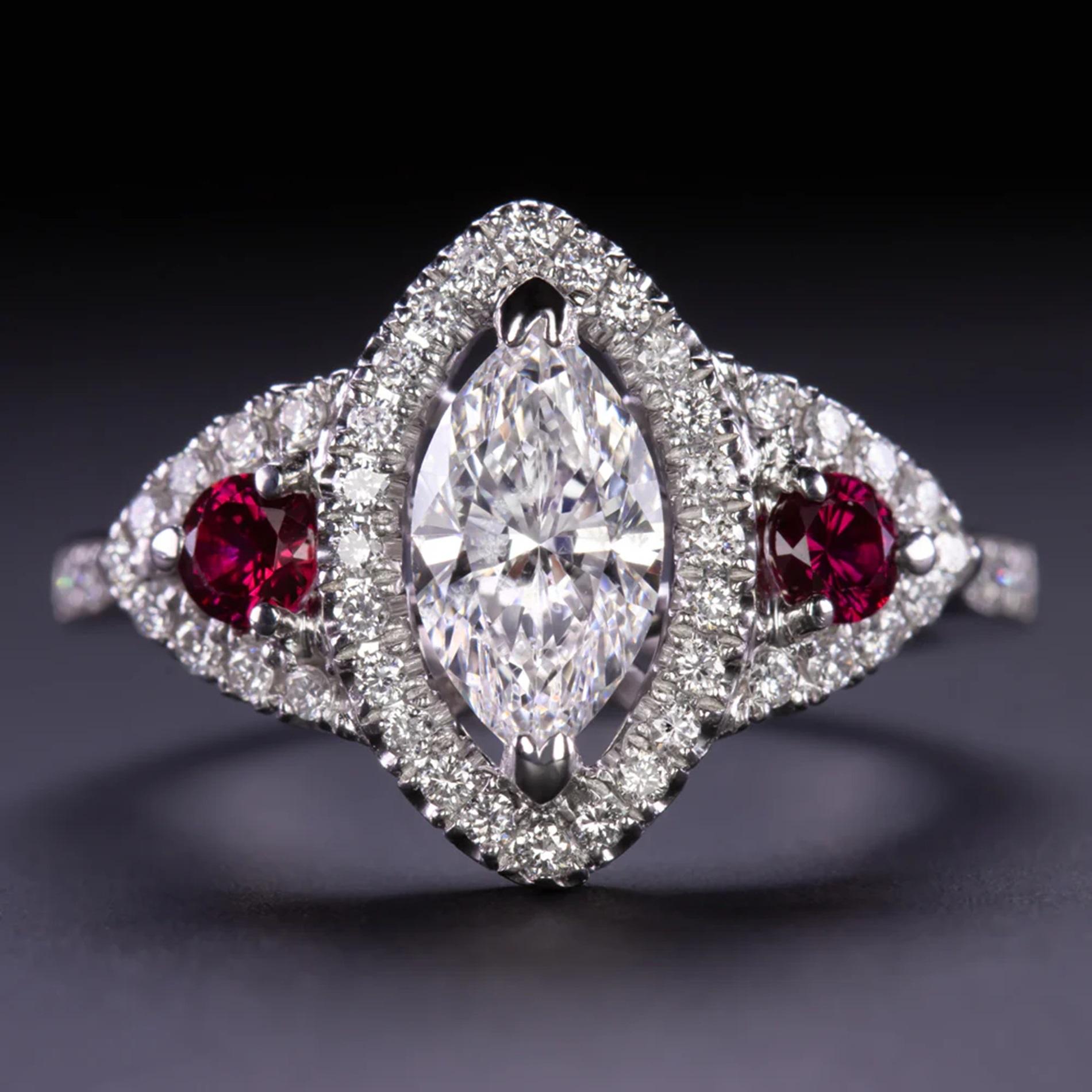 Mesmerizing Three Stone Ring

Grace your hand with the timeless elegance of our striking three stone ring. At its core, a vibrant 0.75ct marquise-cut diamond steals the spotlight, flanked by lustrous red rubies and encircled by a halo of glittering