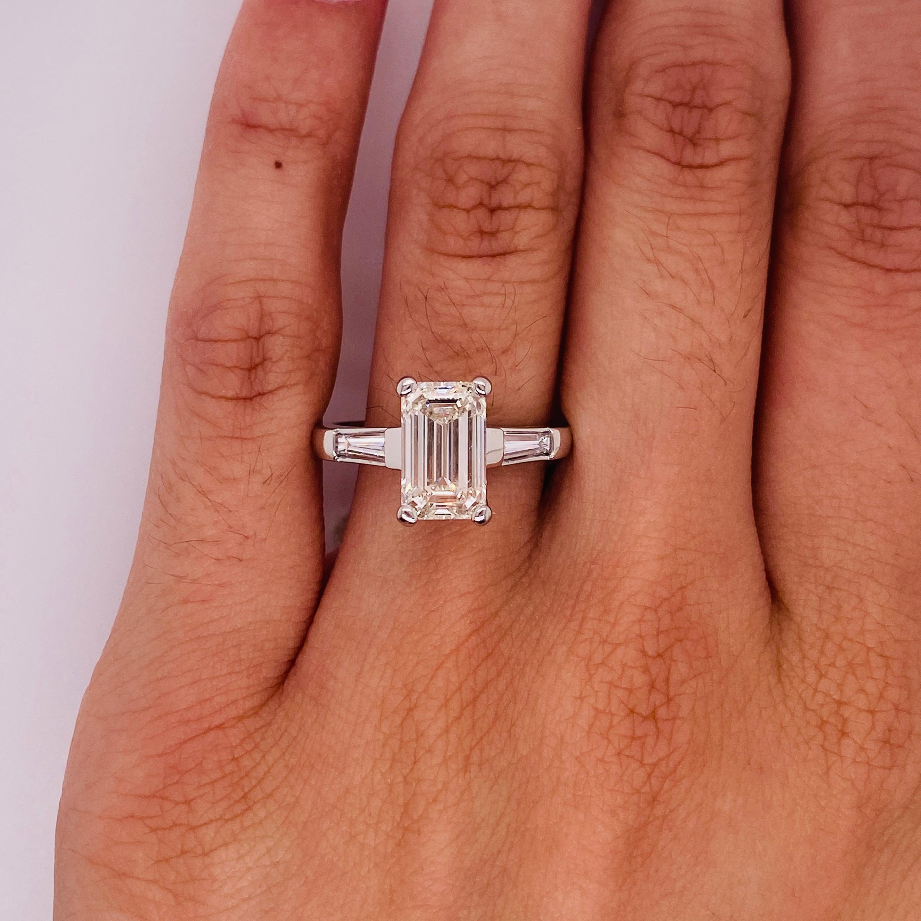 For Sale:  Emerald Cut Diamond Platinum Ring 2.50 Carats Flanked with Baguette Dias Lv 2