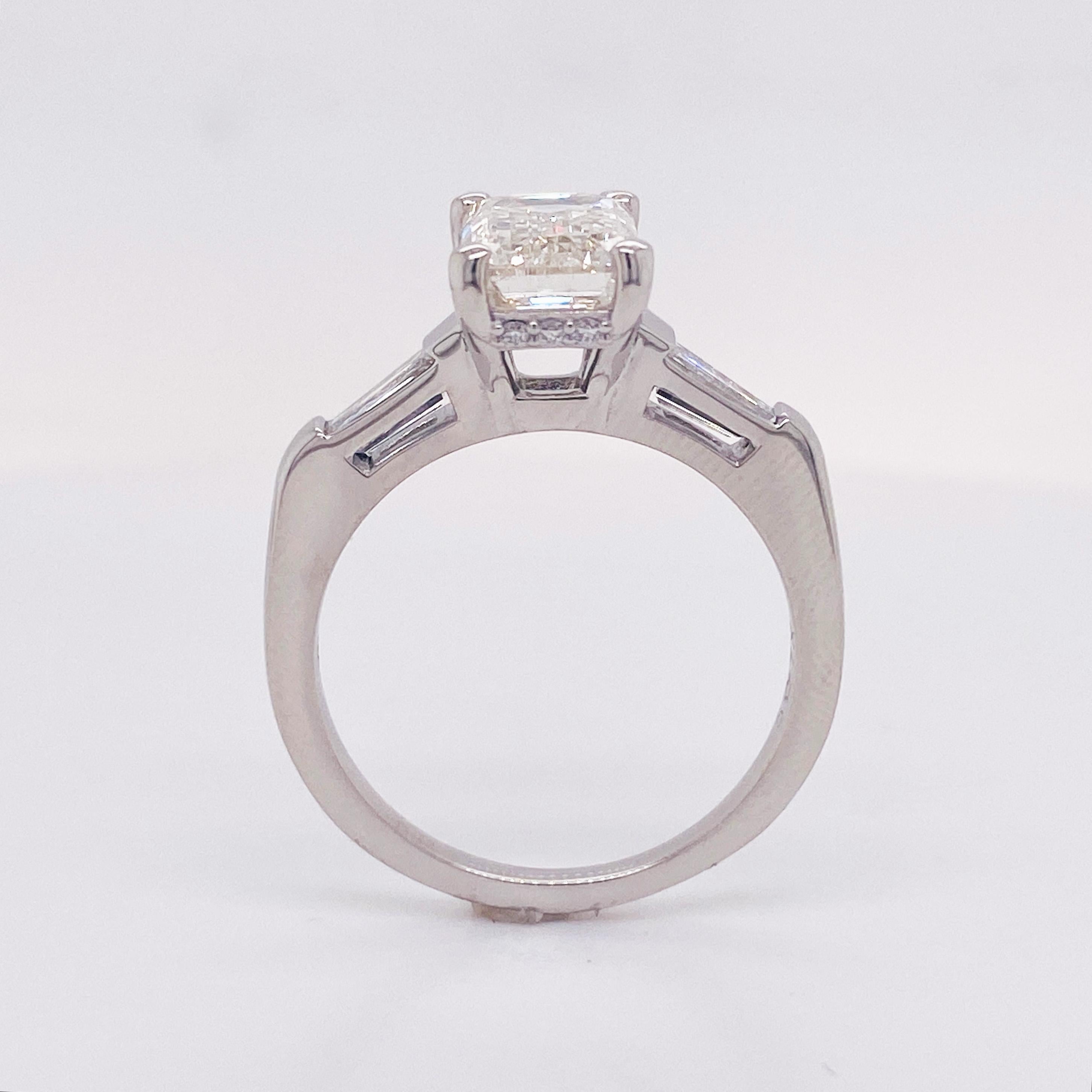 For Sale:  Emerald Cut Diamond Platinum Ring 2.50 Carats Flanked with Baguette Dias Lv 5