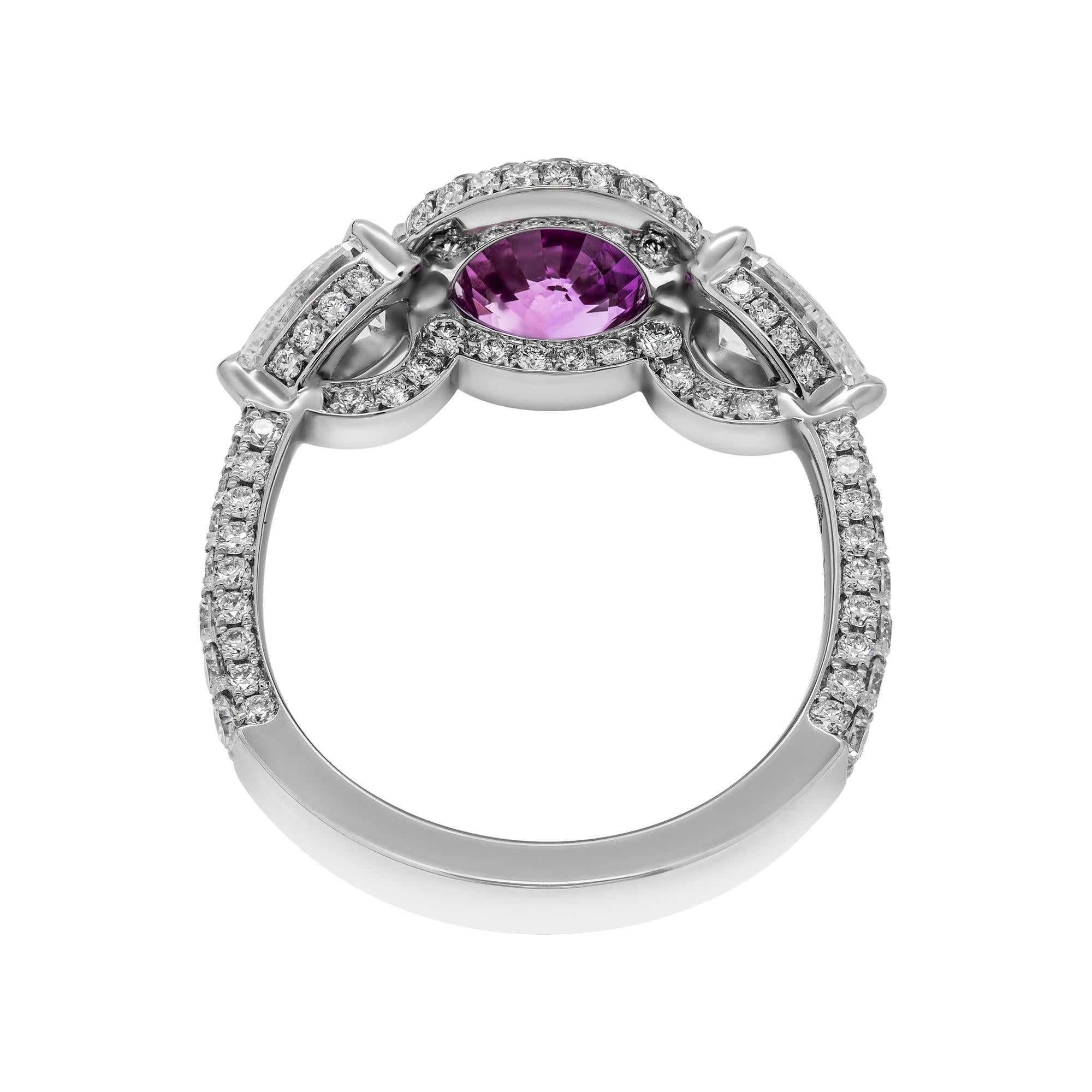 Oval Cut Three-Stone Ring with 2.20 Carat Oval Pink Sapphire For Sale