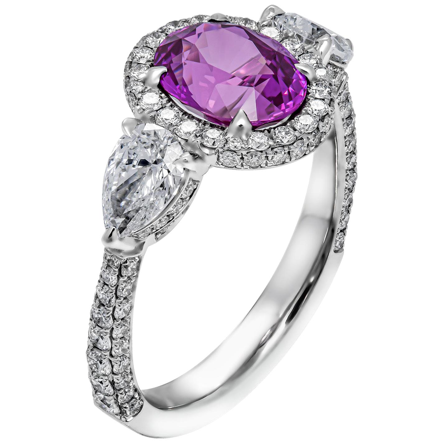 Three-Stone Ring with 2.20 Carat Oval Pink Sapphire For Sale