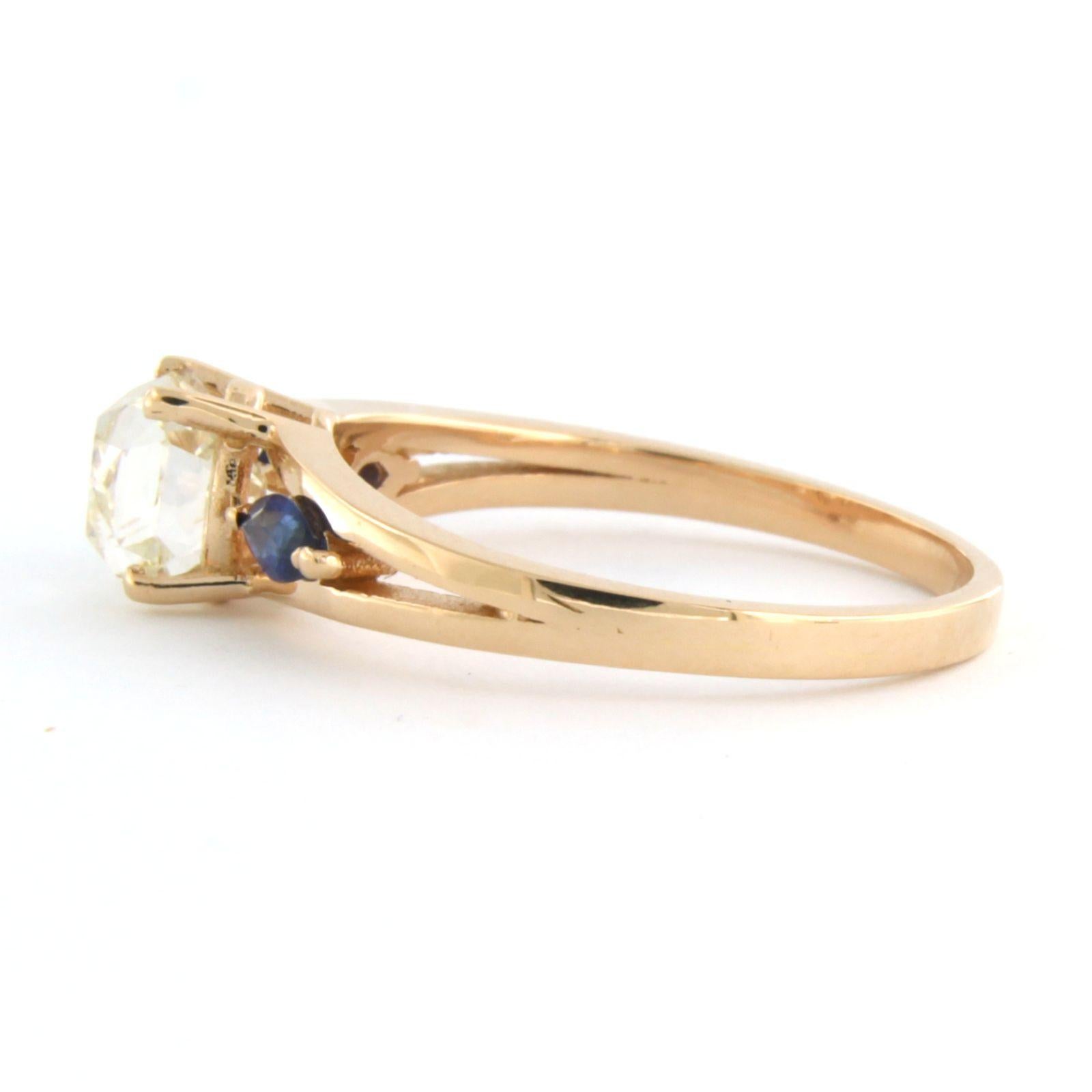 Women's Three stone ring with sapphire and old mine cut diamond up to 1.03ct 18k gold For Sale